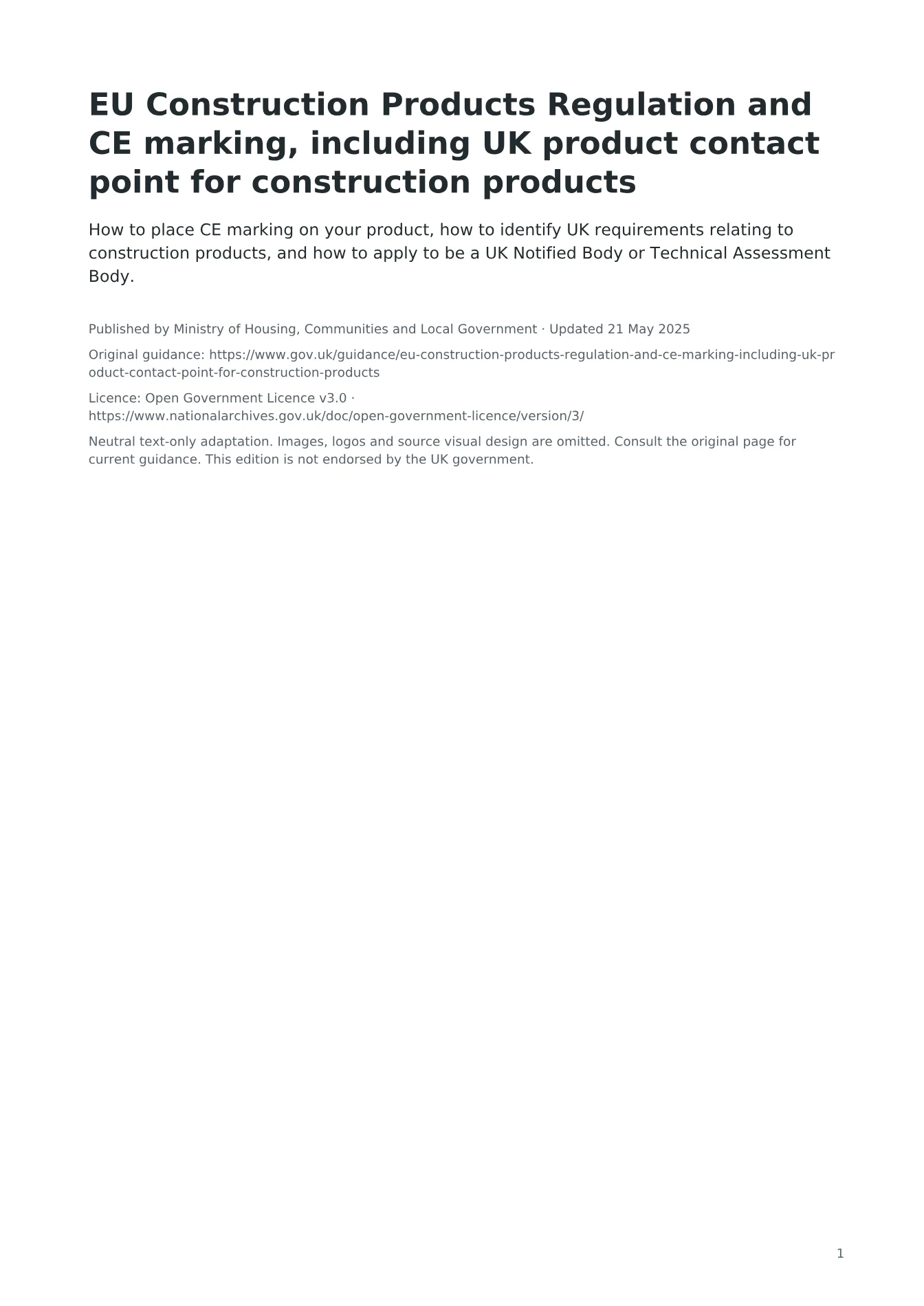 Cover of EU Construction Products Regulation and CE marking, including UK product contact point for construction products