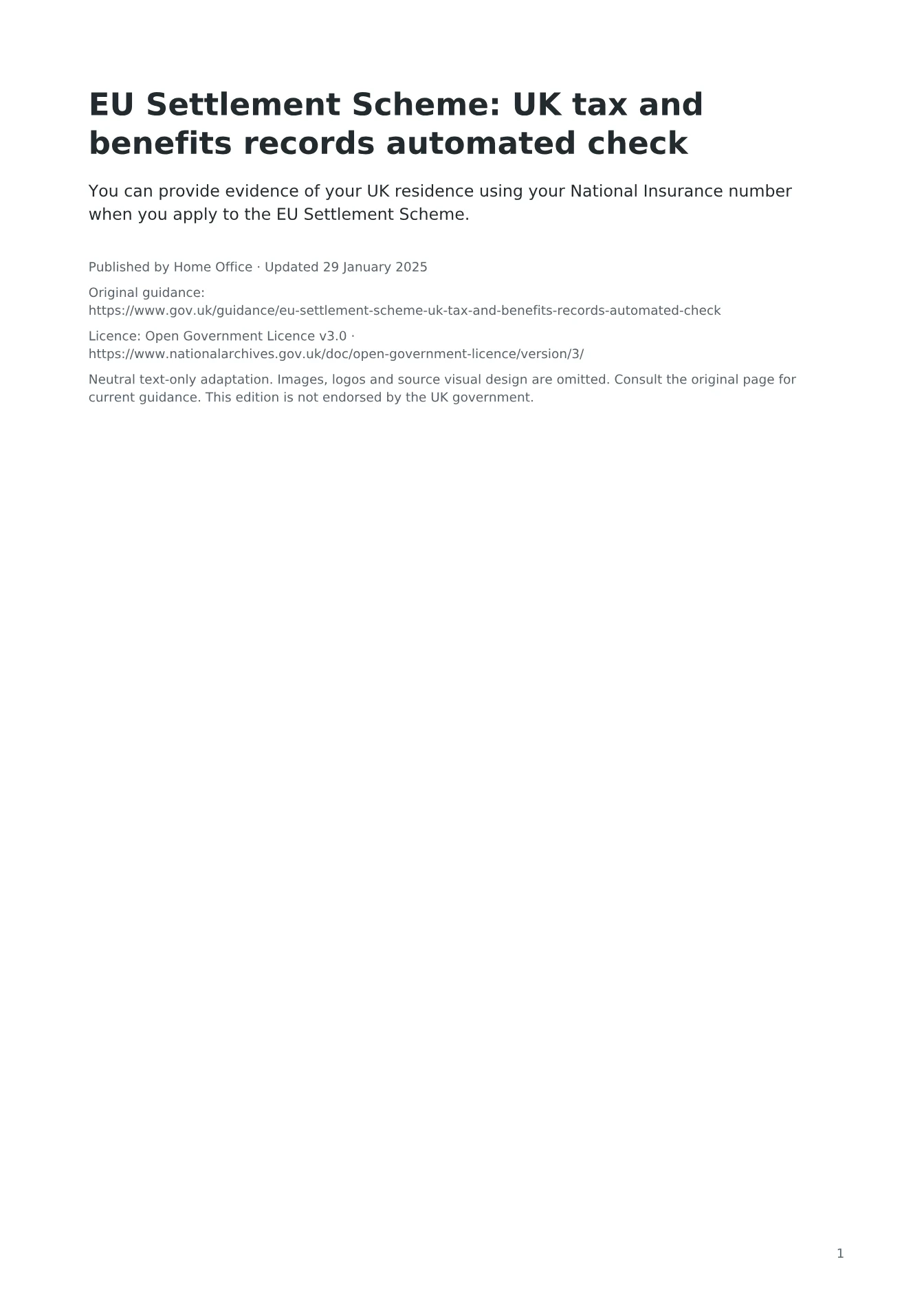 Cover of EU Settlement Scheme: UK tax and benefits records automated check