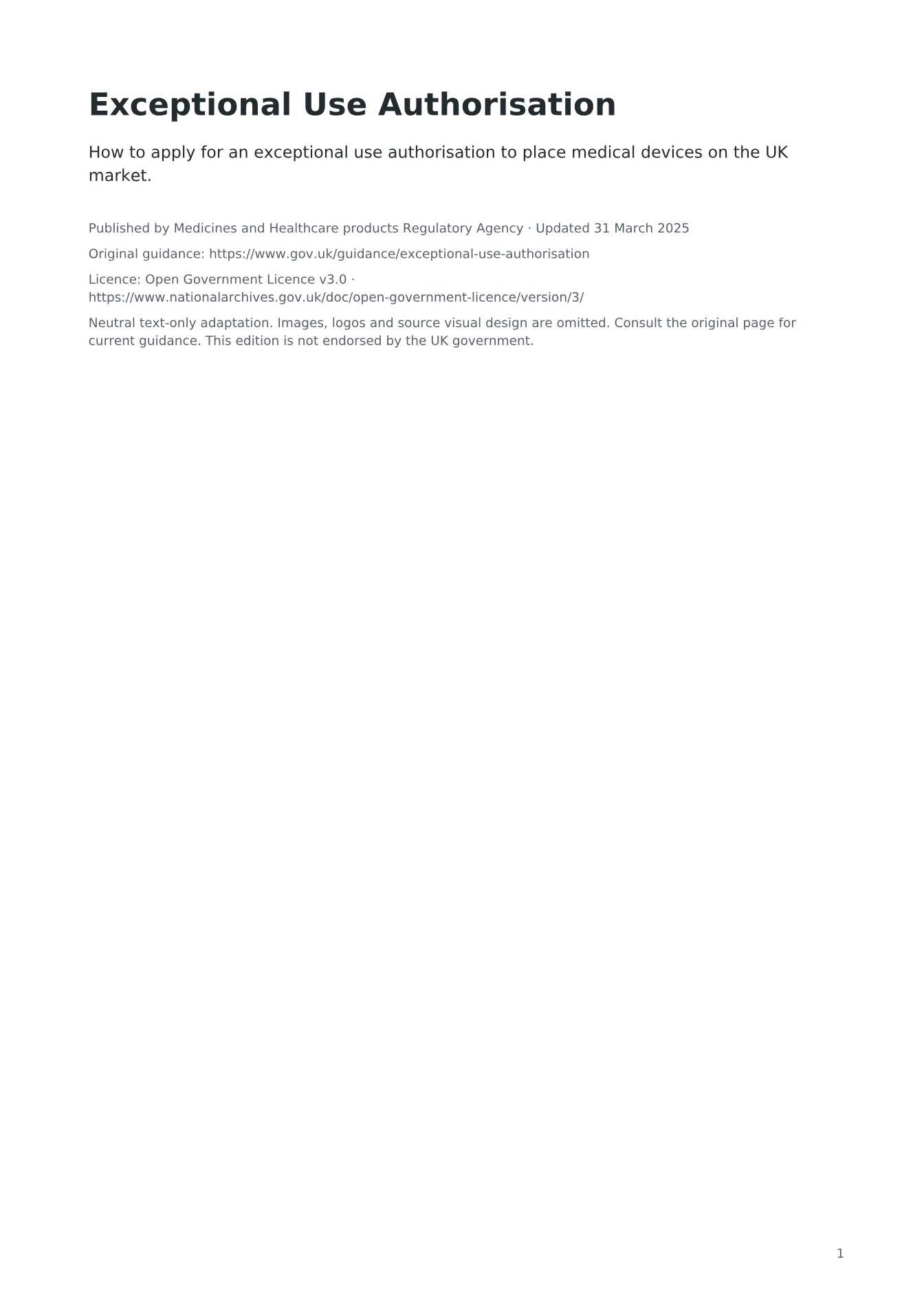 Cover of Exceptional Use Authorisation