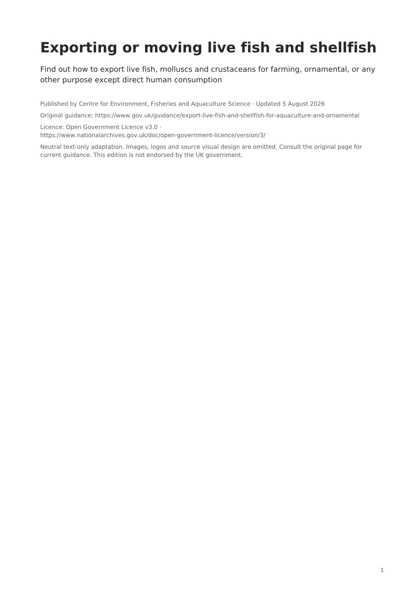 Cover of Exporting or moving live fish and shellfish