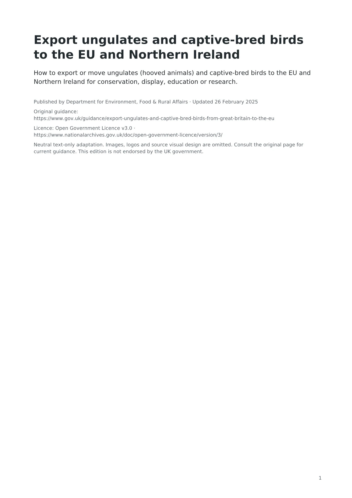 Cover of Export ungulates and captive-bred birds to the EU and Northern Ireland