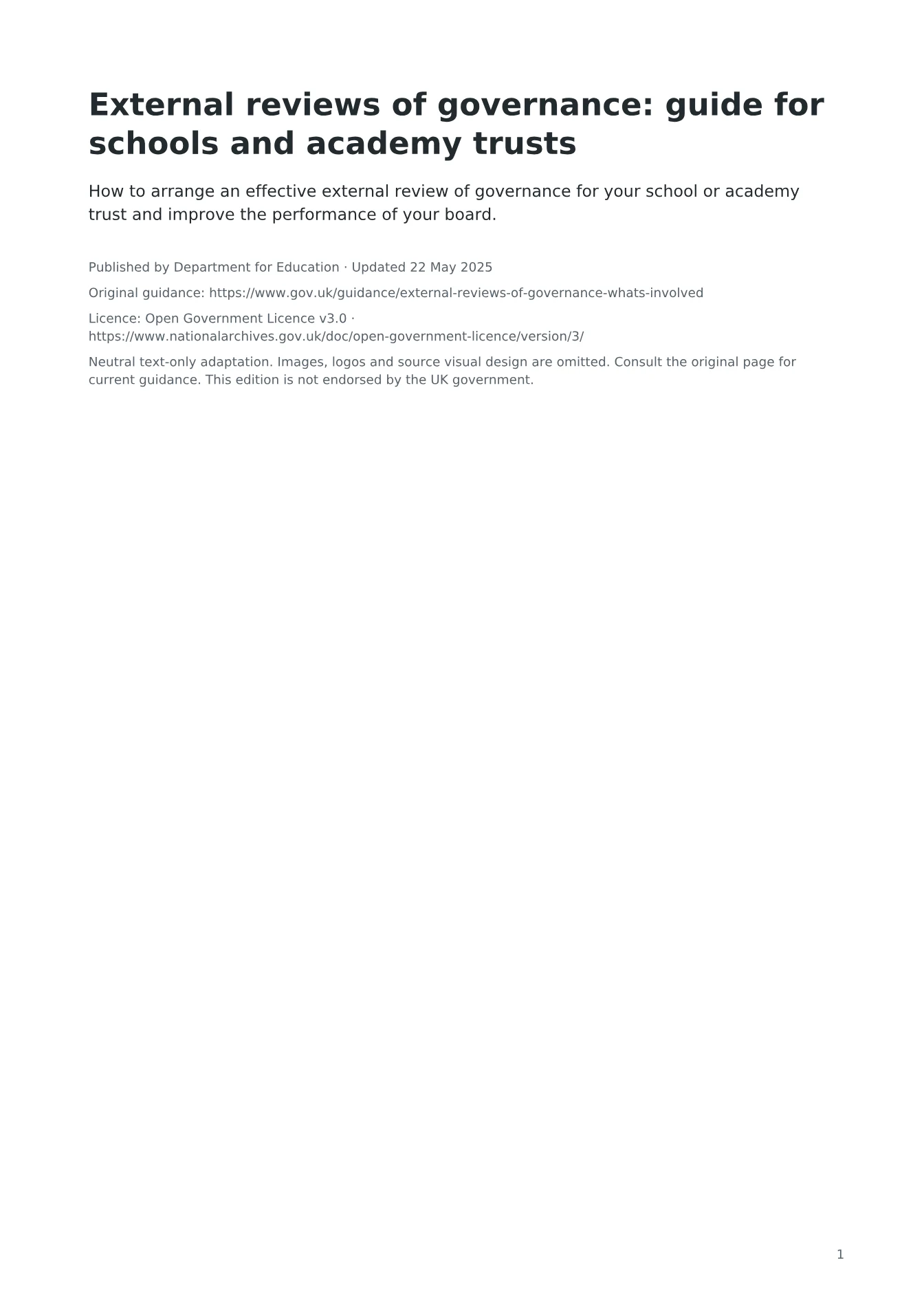 Cover of External reviews of governance: guide for schools and academy trusts