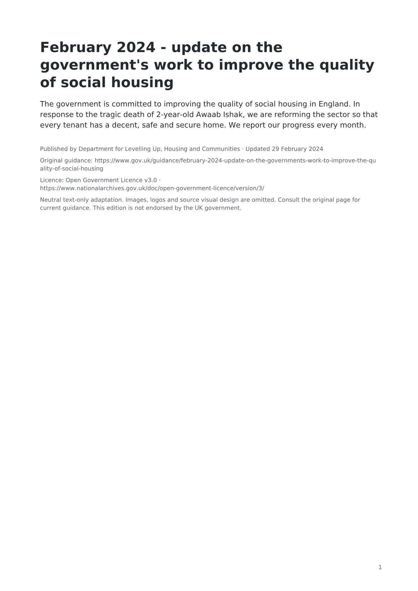 Cover of February 2024 - update on the government's work to improve the quality of social housing