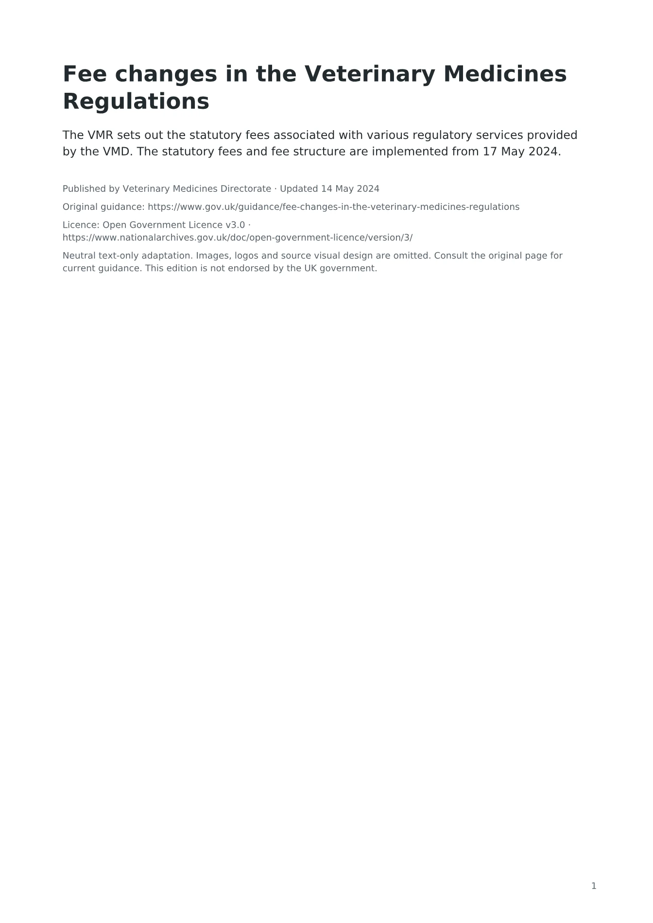Cover of Fee changes in the Veterinary Medicines Regulations