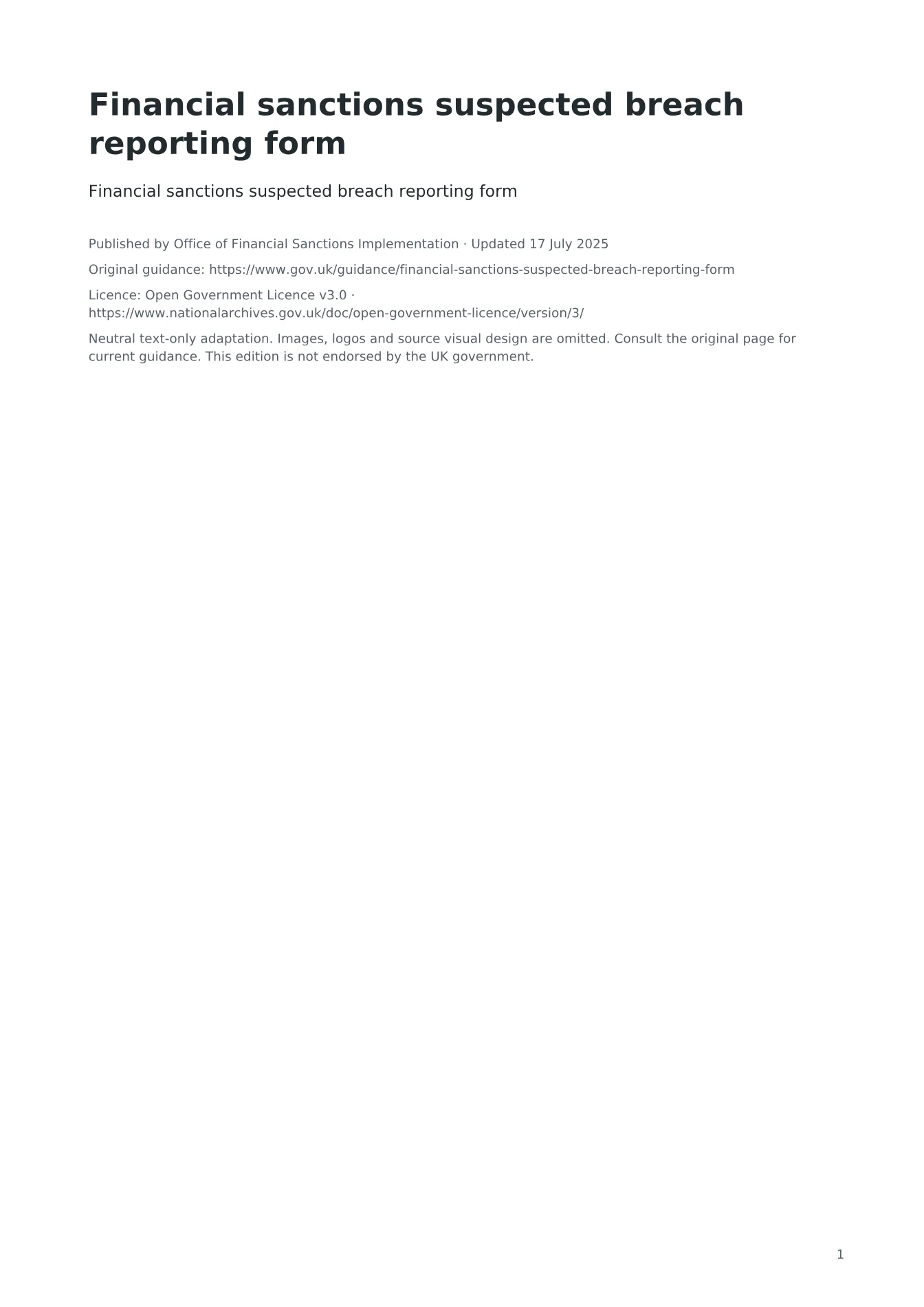 Cover of Financial sanctions suspected breach reporting form