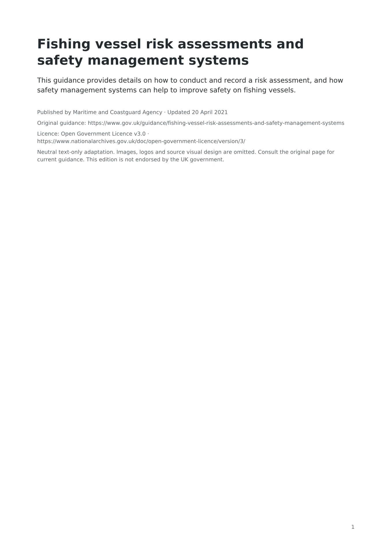 Cover of Fishing vessel risk assessments and safety management systems