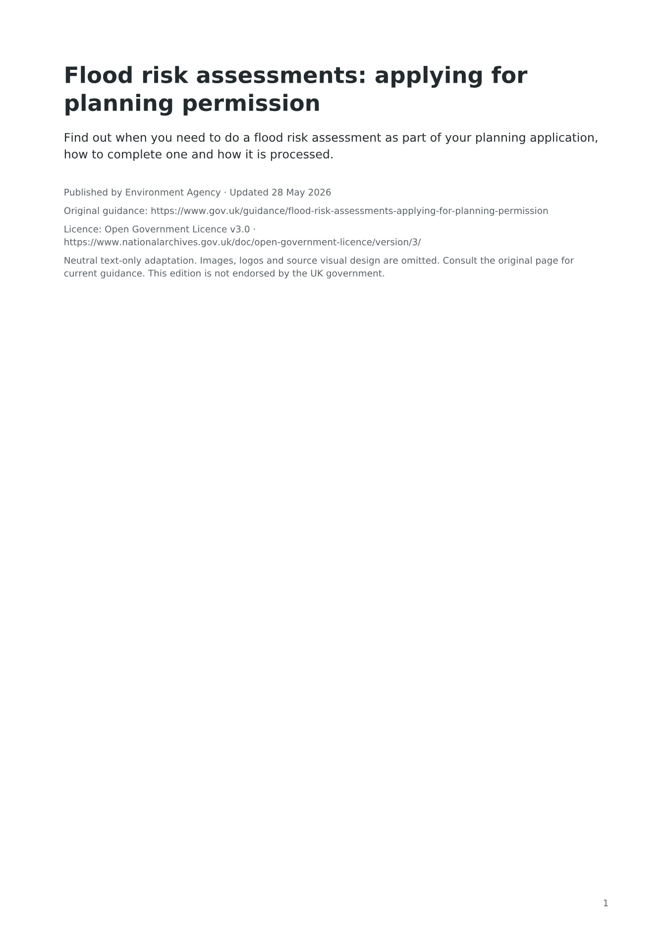 Cover of Flood risk assessments: applying for planning permission