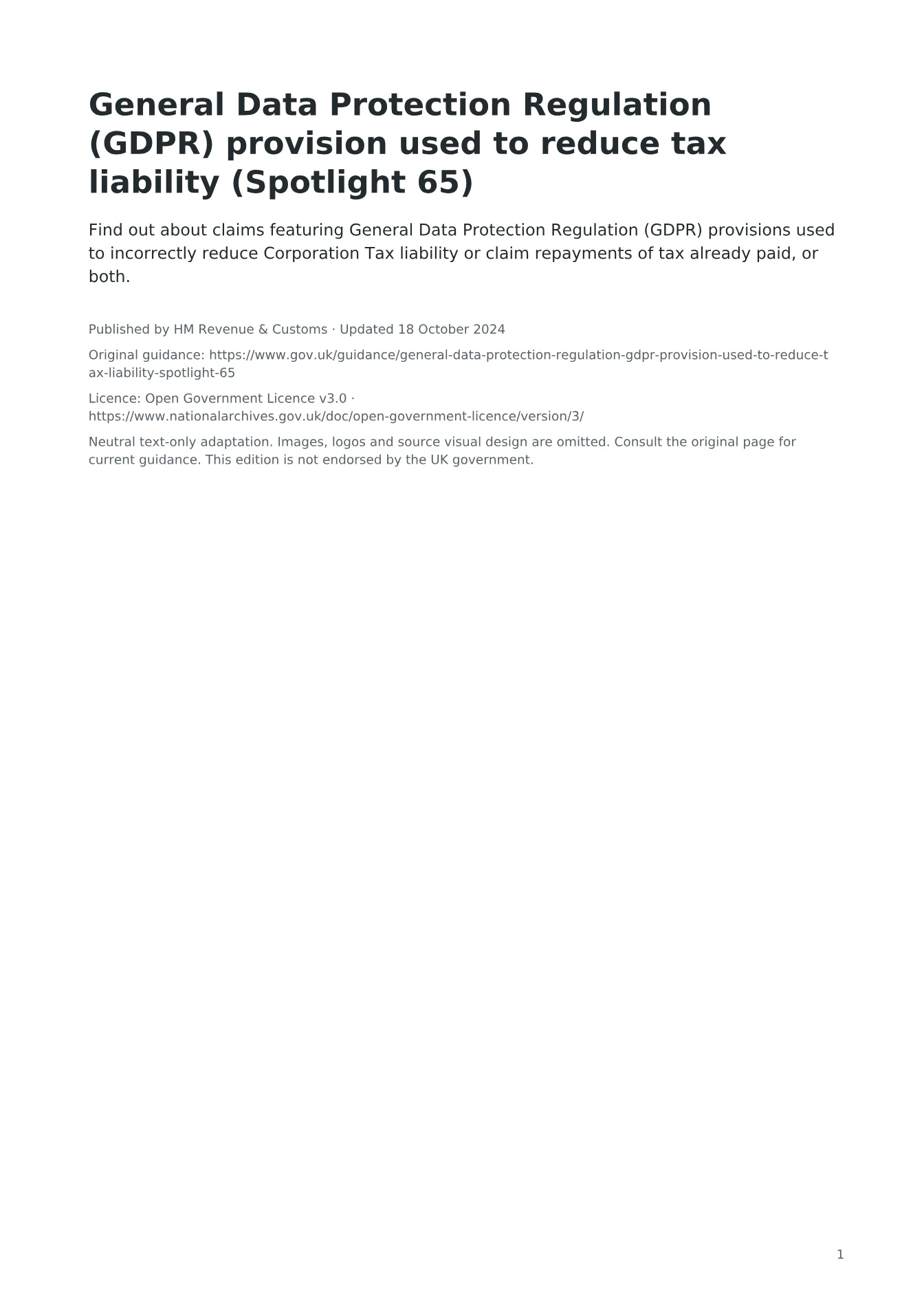 Cover of General Data Protection Regulation (GDPR) provision used to reduce tax liability (Spotlight 65)