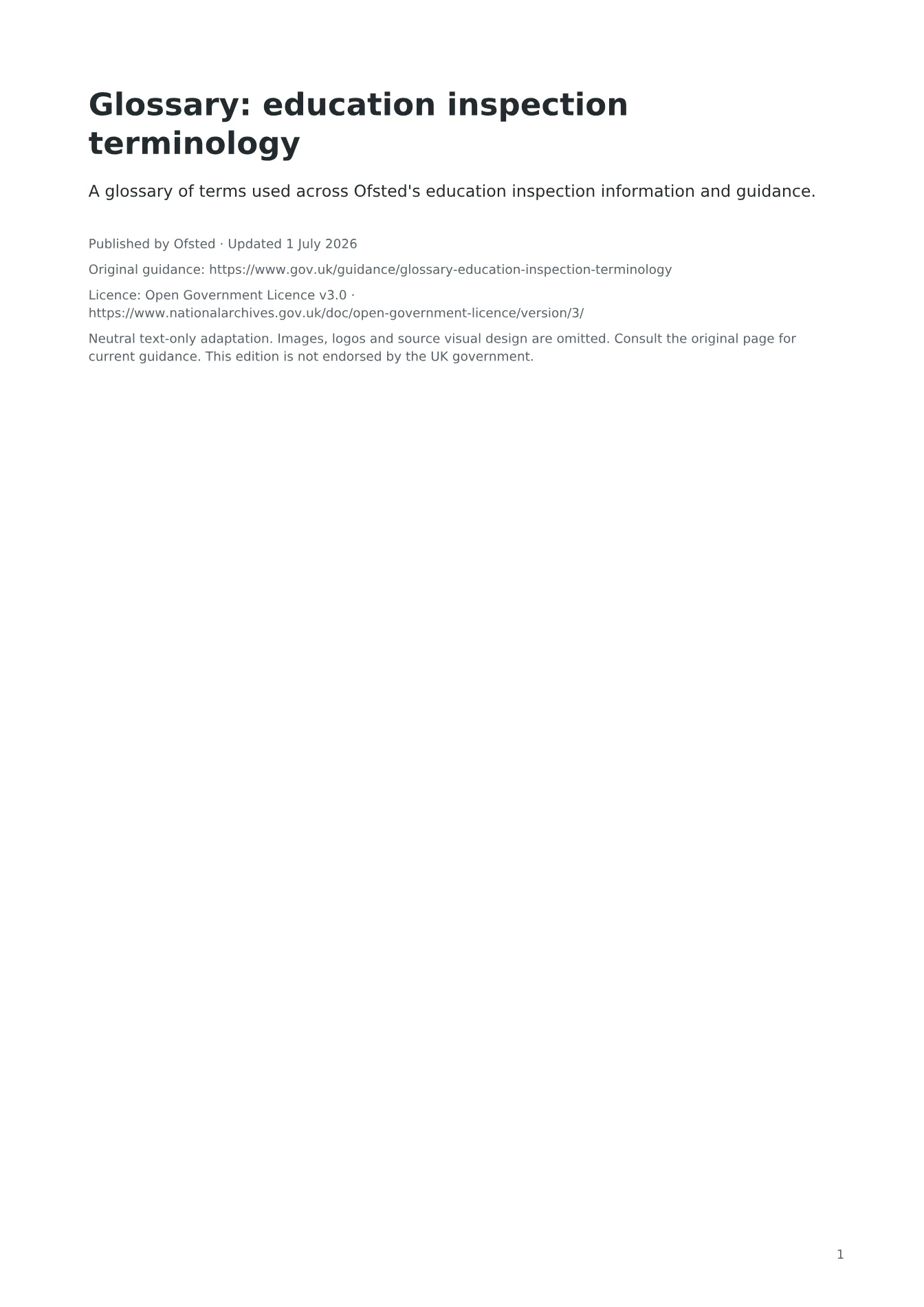 Cover of Glossary: education inspection terminology