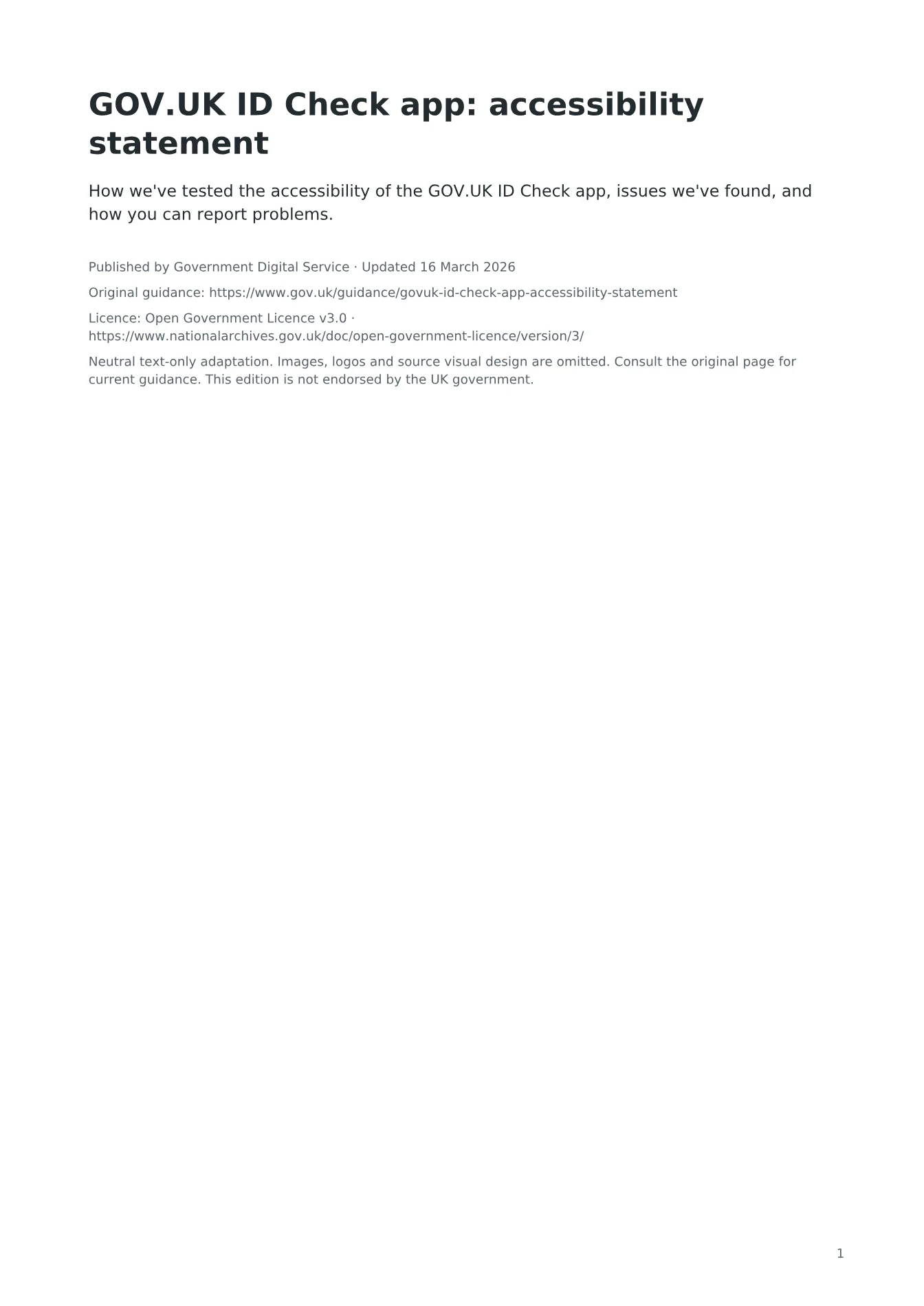 Cover of GOV.UK ID Check app: accessibility statement