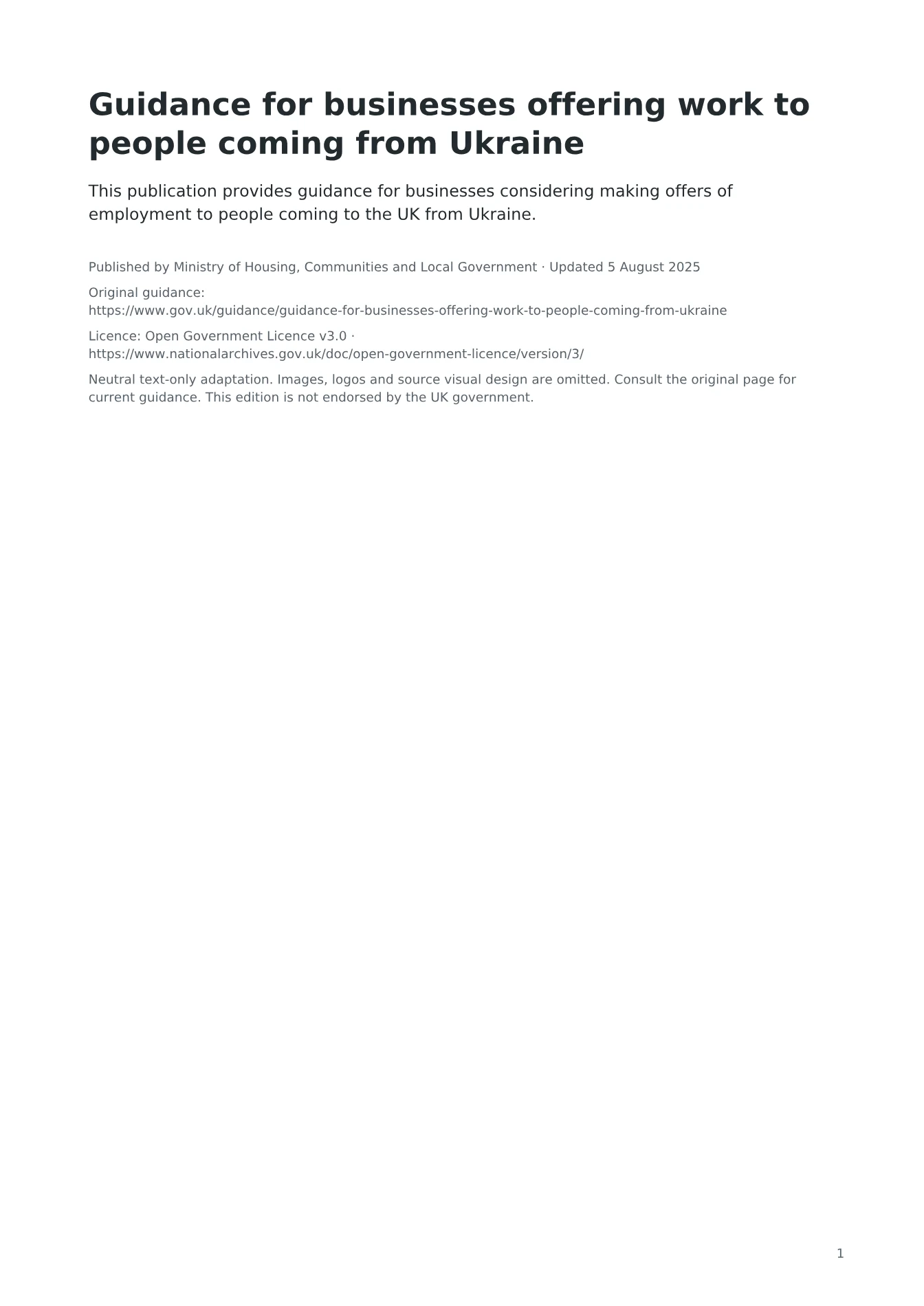 Cover of Guidance for businesses offering work to people coming from Ukraine