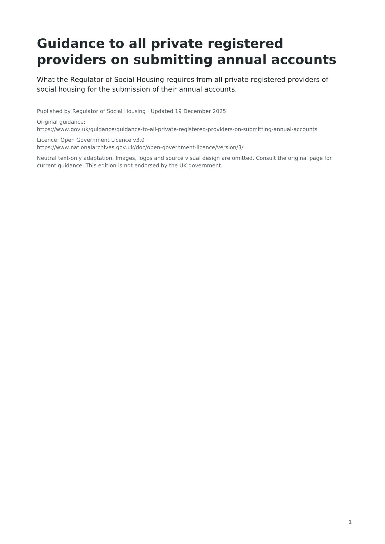Cover of Guidance to all private registered providers on submitting annual accounts
