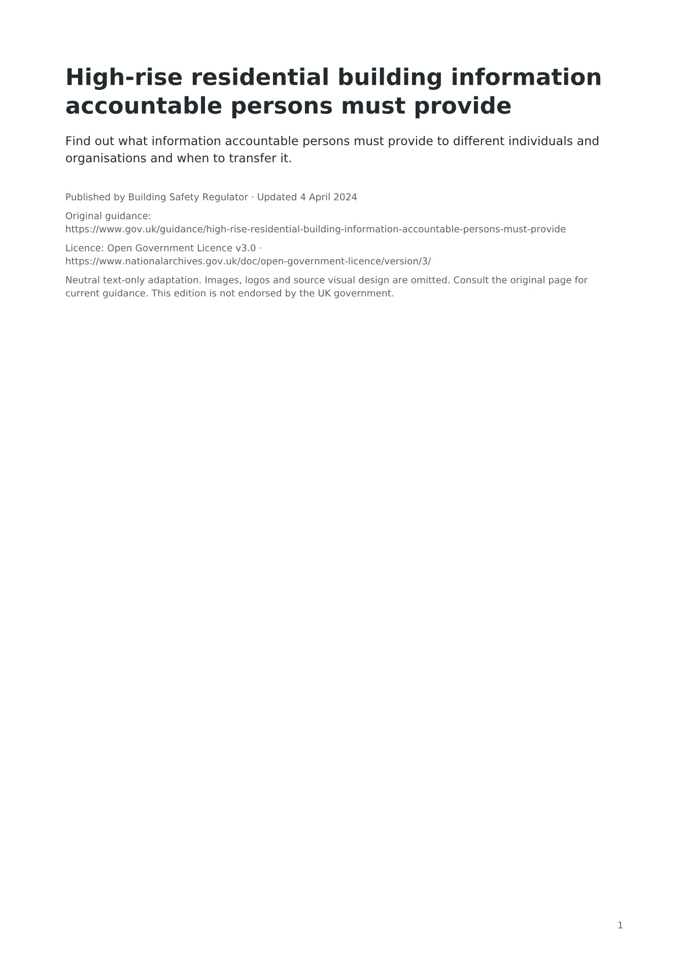 Cover of High-rise residential building information accountable persons must provide