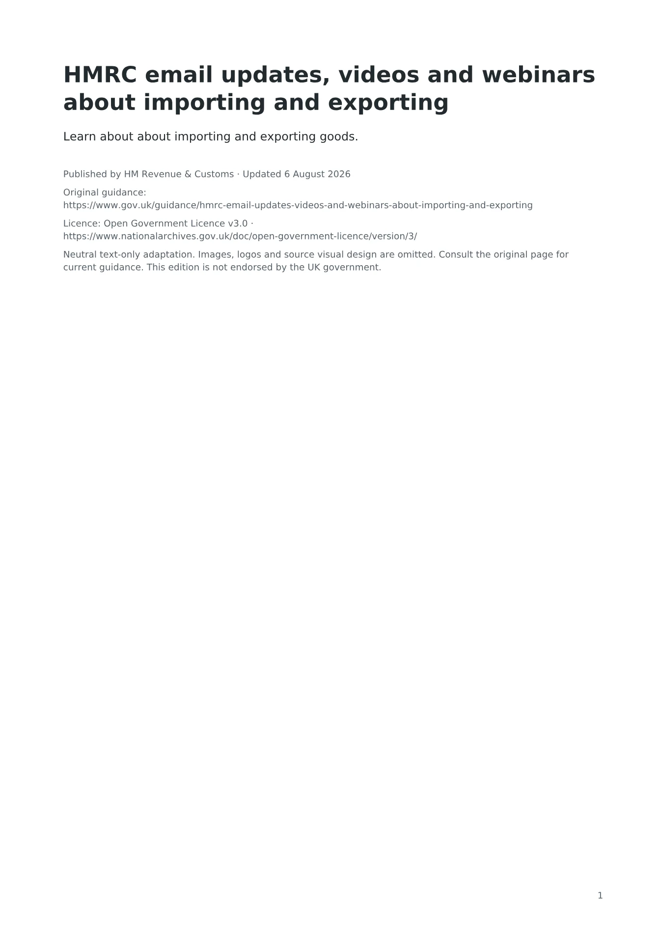 Cover of HMRC email updates, videos and webinars about importing and exporting