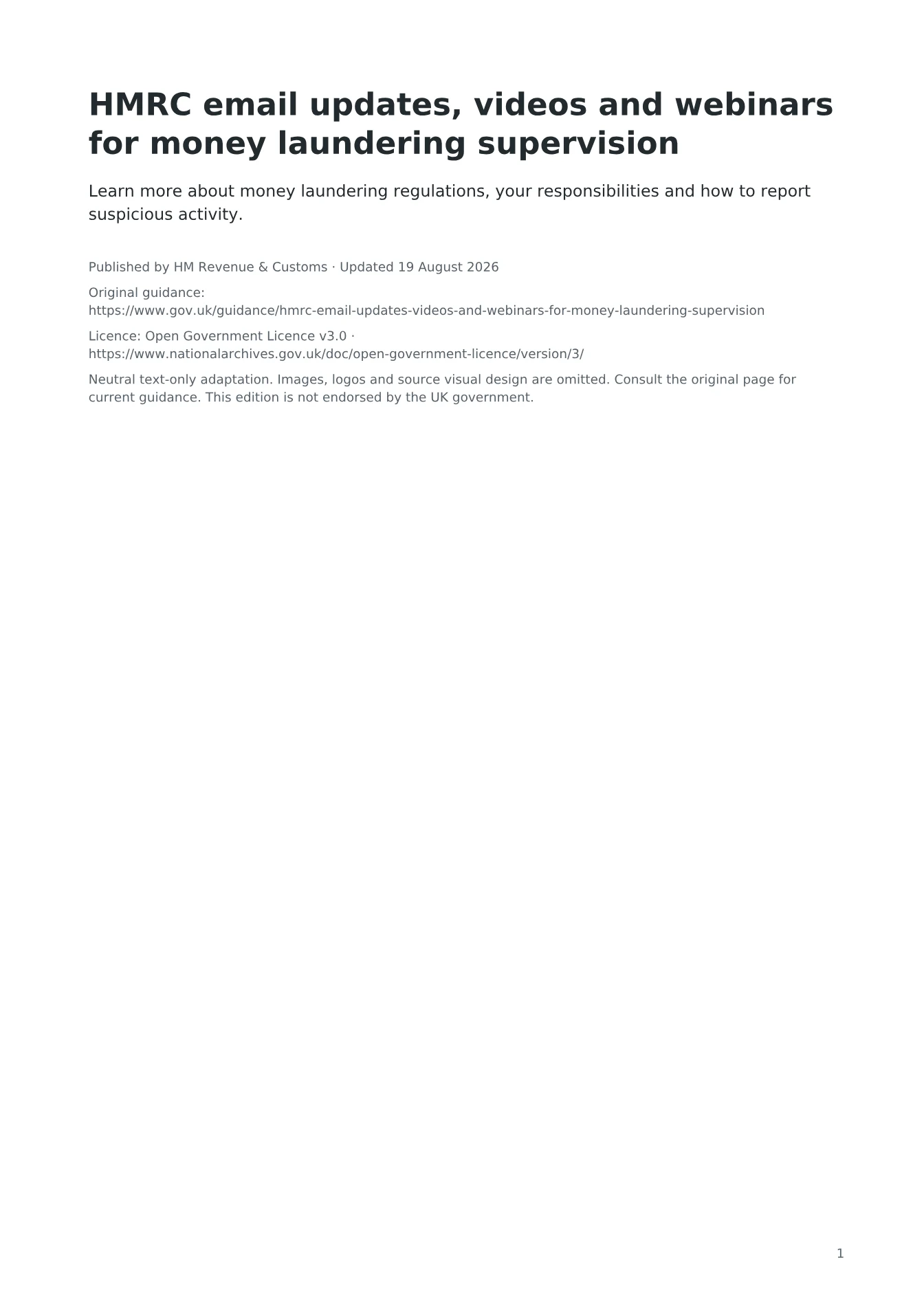Cover of HMRC email updates, videos and webinars for money laundering supervision
