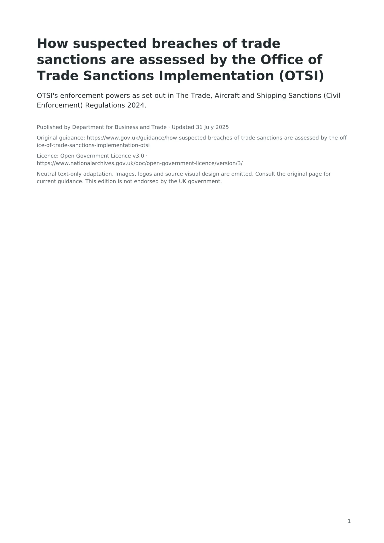 Cover of How suspected breaches of trade sanctions are assessed by the Office of Trade Sanctions Implementation (OTSI)
