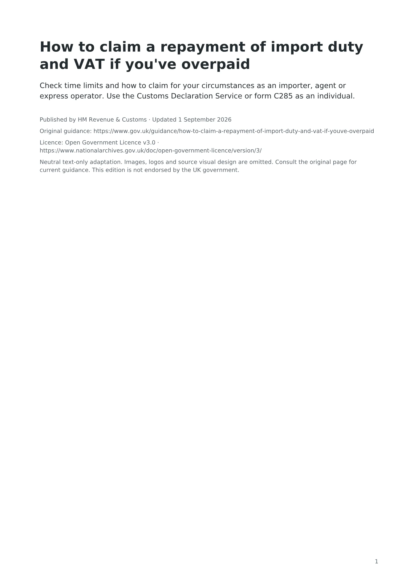 Cover of How to claim a repayment of import duty and VAT if you've overpaid