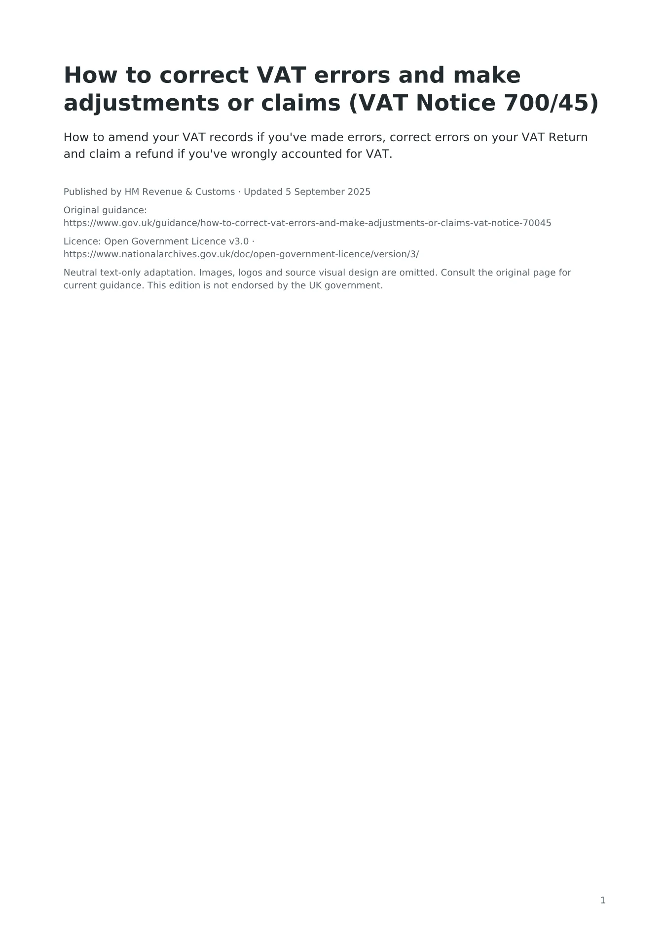 Cover of How to correct VAT errors and make adjustments or claims (VAT Notice 700/45)