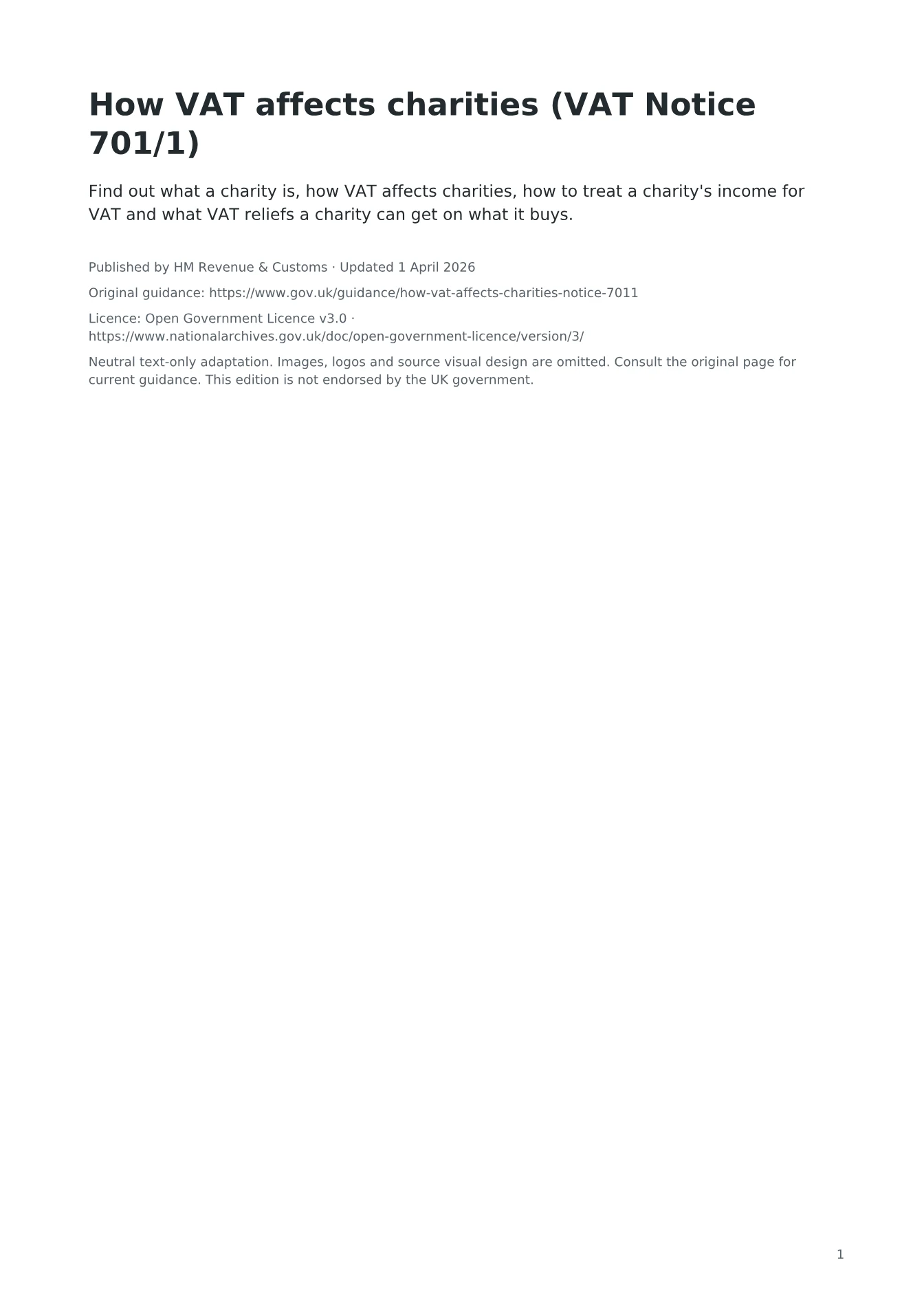 Cover of How VAT affects charities (VAT Notice 701/1)