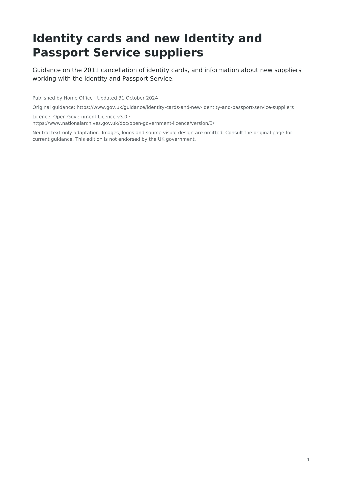 Cover of Identity cards and new Identity and Passport Service suppliers