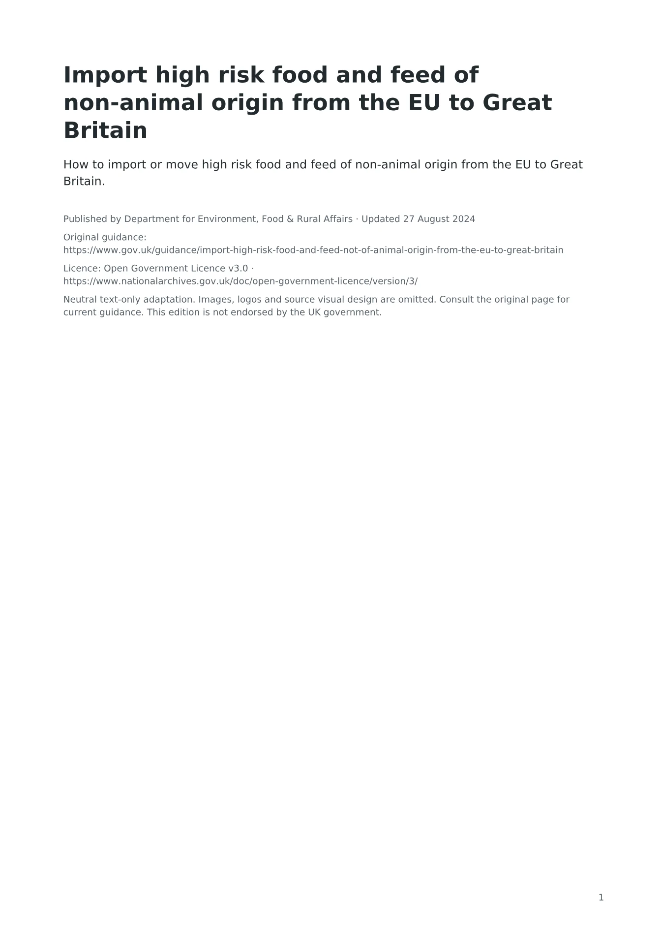 Cover of Import high risk food and feed of non-animal origin from the EU to Great Britain