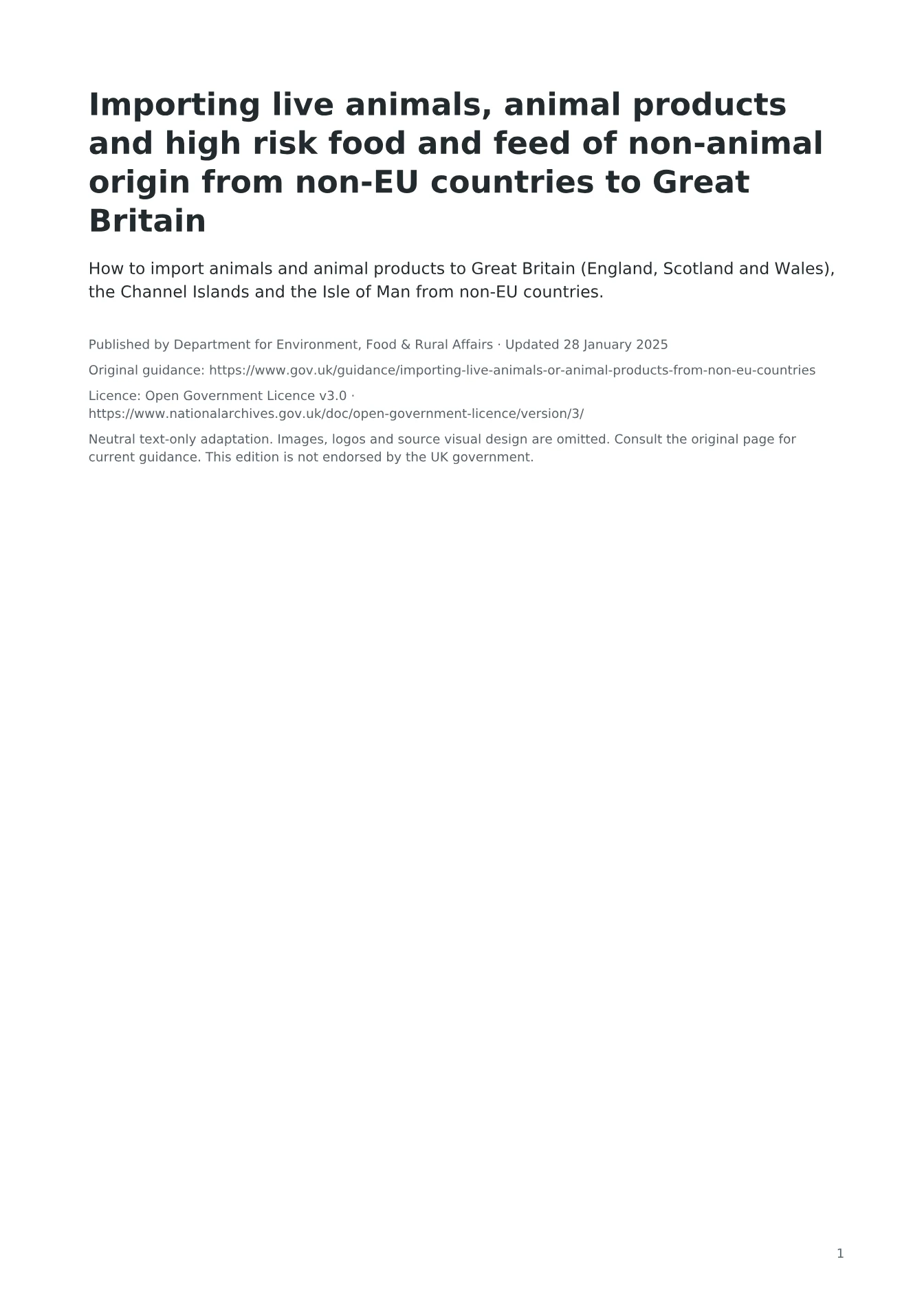 Cover of Importing live animals, animal products and high risk food and feed of non-animal origin from non-EU countries to Great Britain