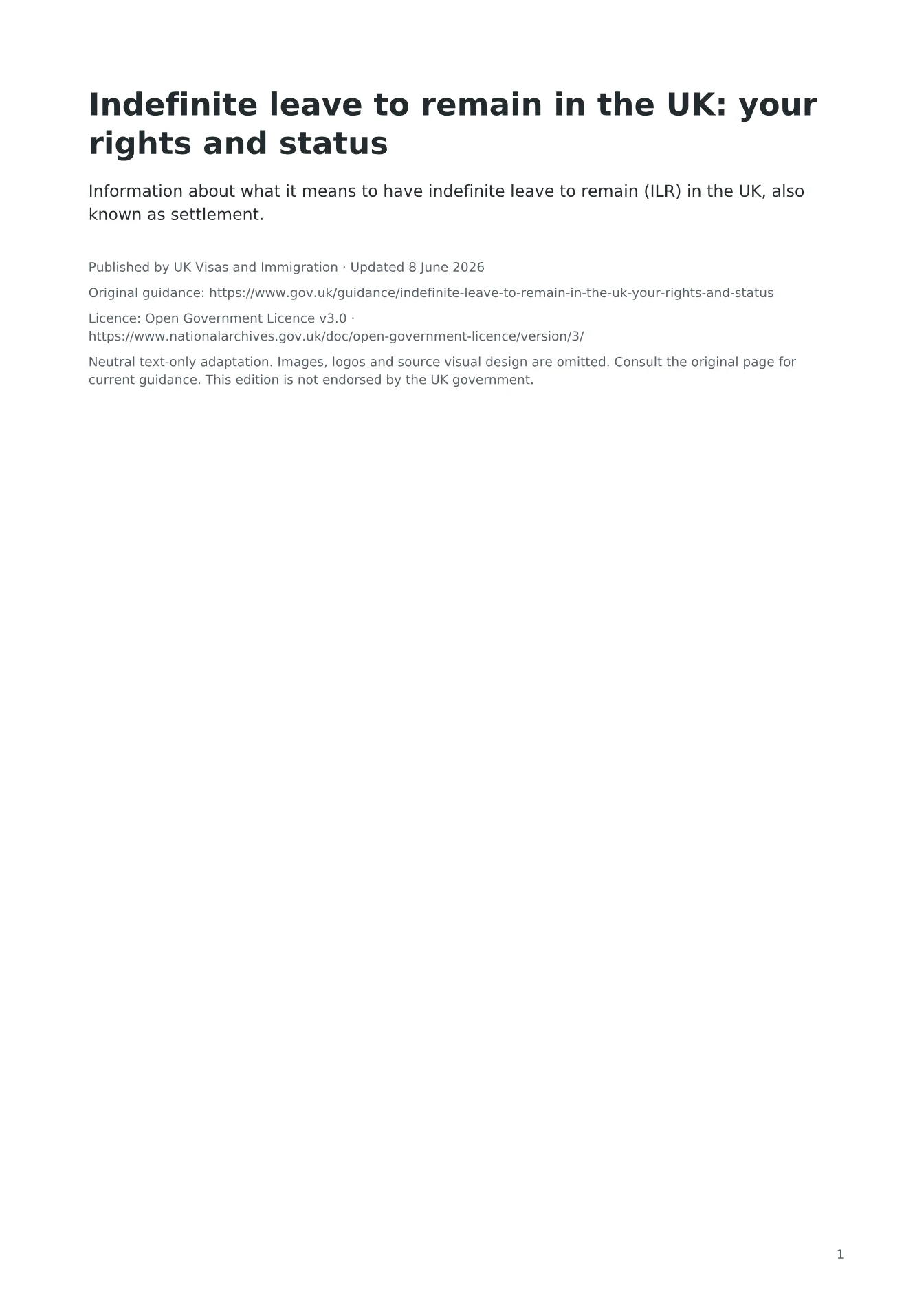 Cover of Indefinite leave to remain in the UK: your rights and status
