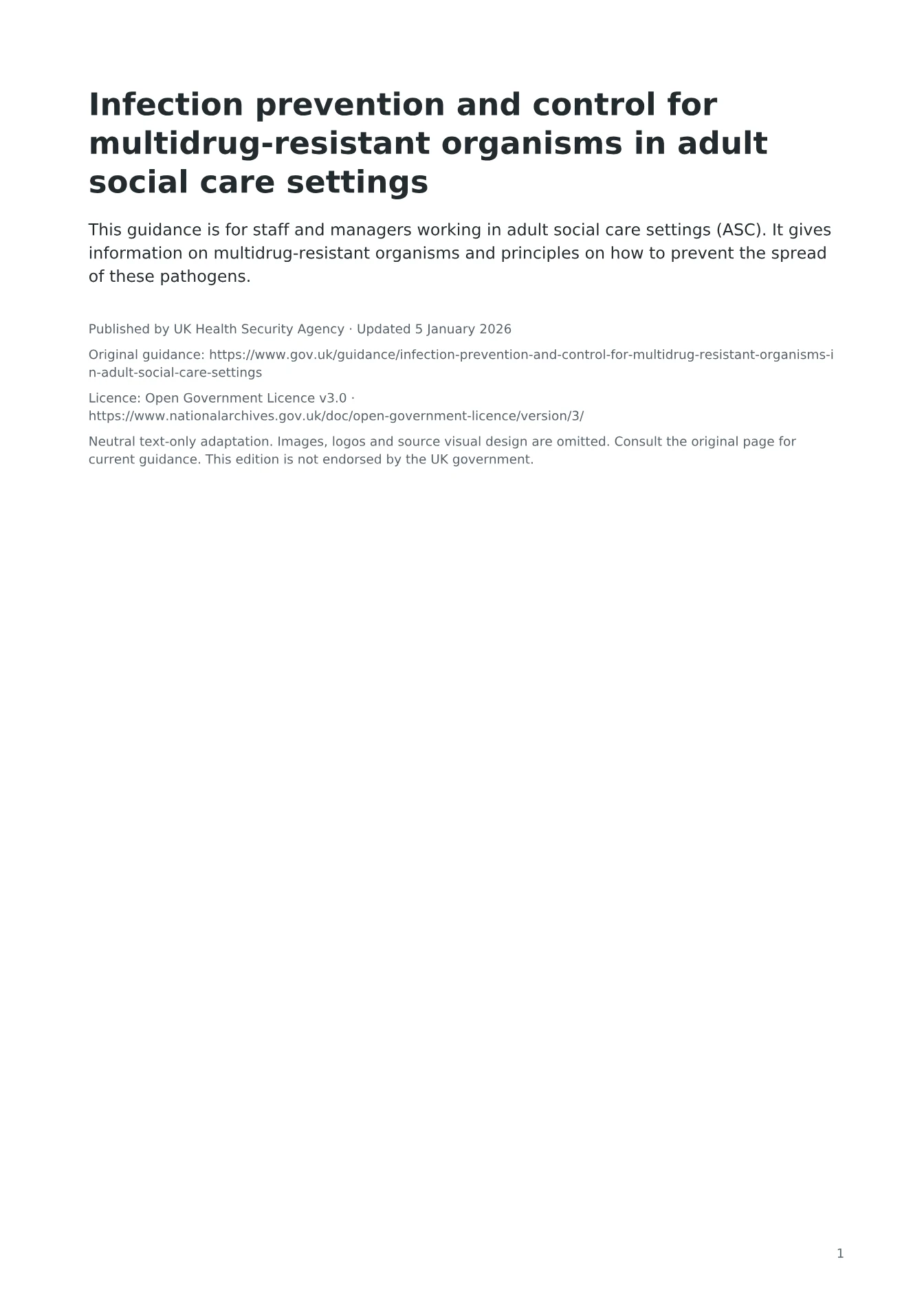 Cover of Infection prevention and control for multidrug-resistant organisms in adult social care settings