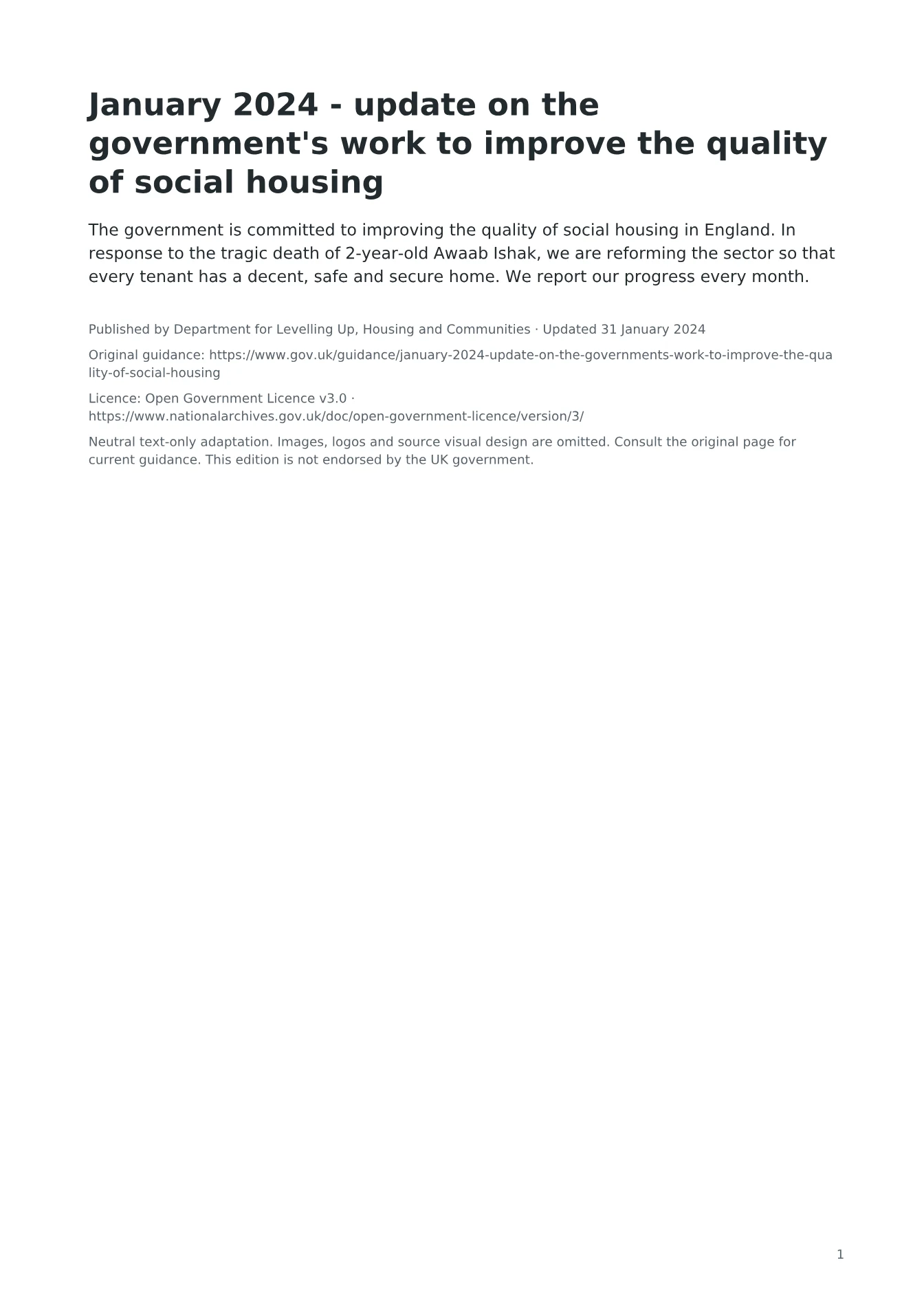 Cover of January 2024 - update on the government's work to improve the quality of social housing