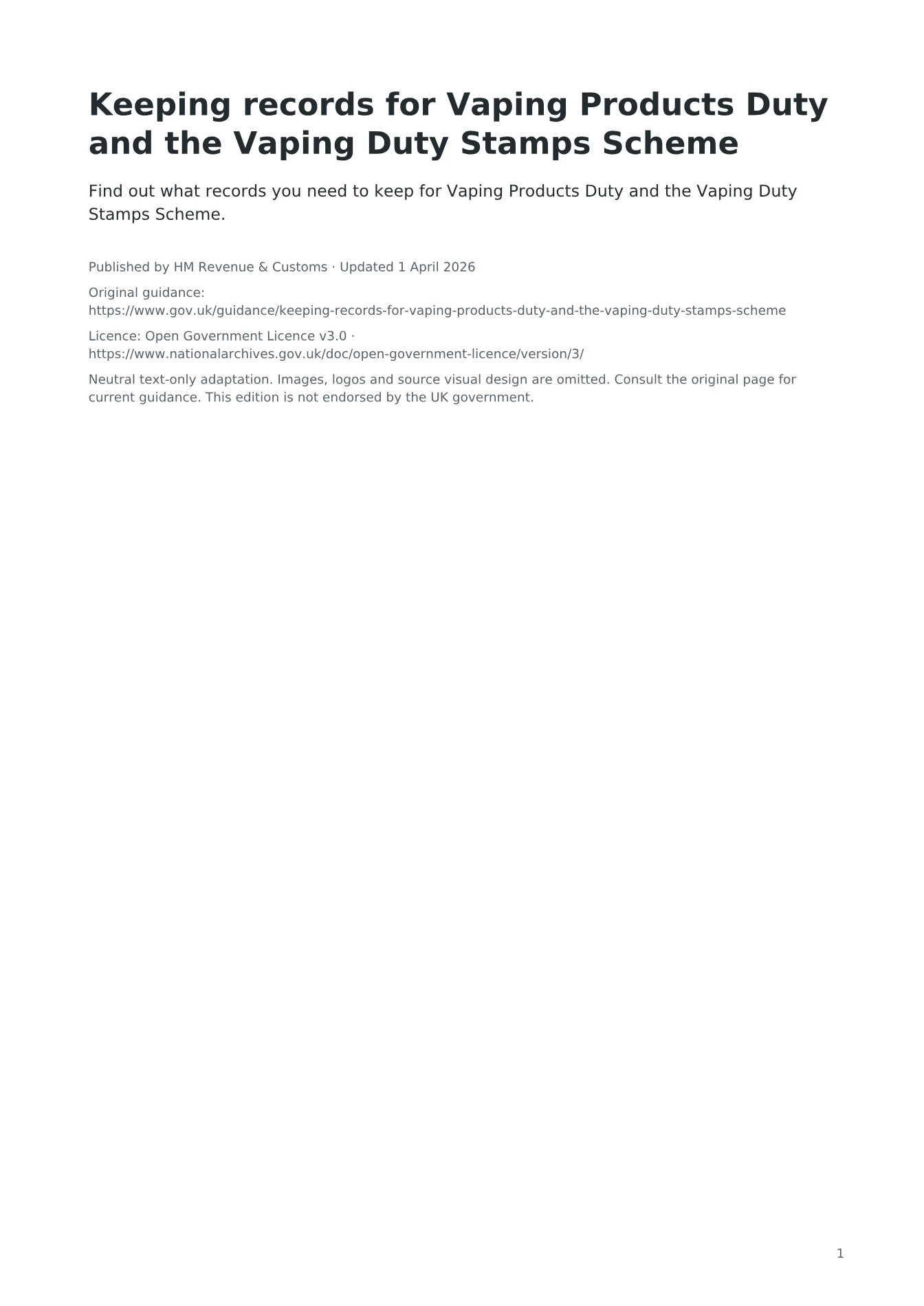 Cover of Keeping records for Vaping Products Duty and the Vaping Duty Stamps Scheme