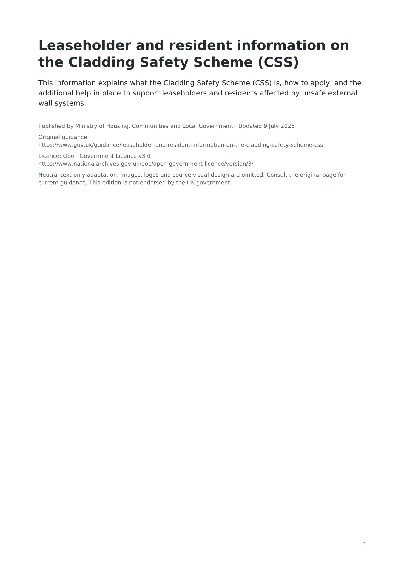 Cover of Leaseholder and resident information on the Cladding Safety Scheme (CSS)