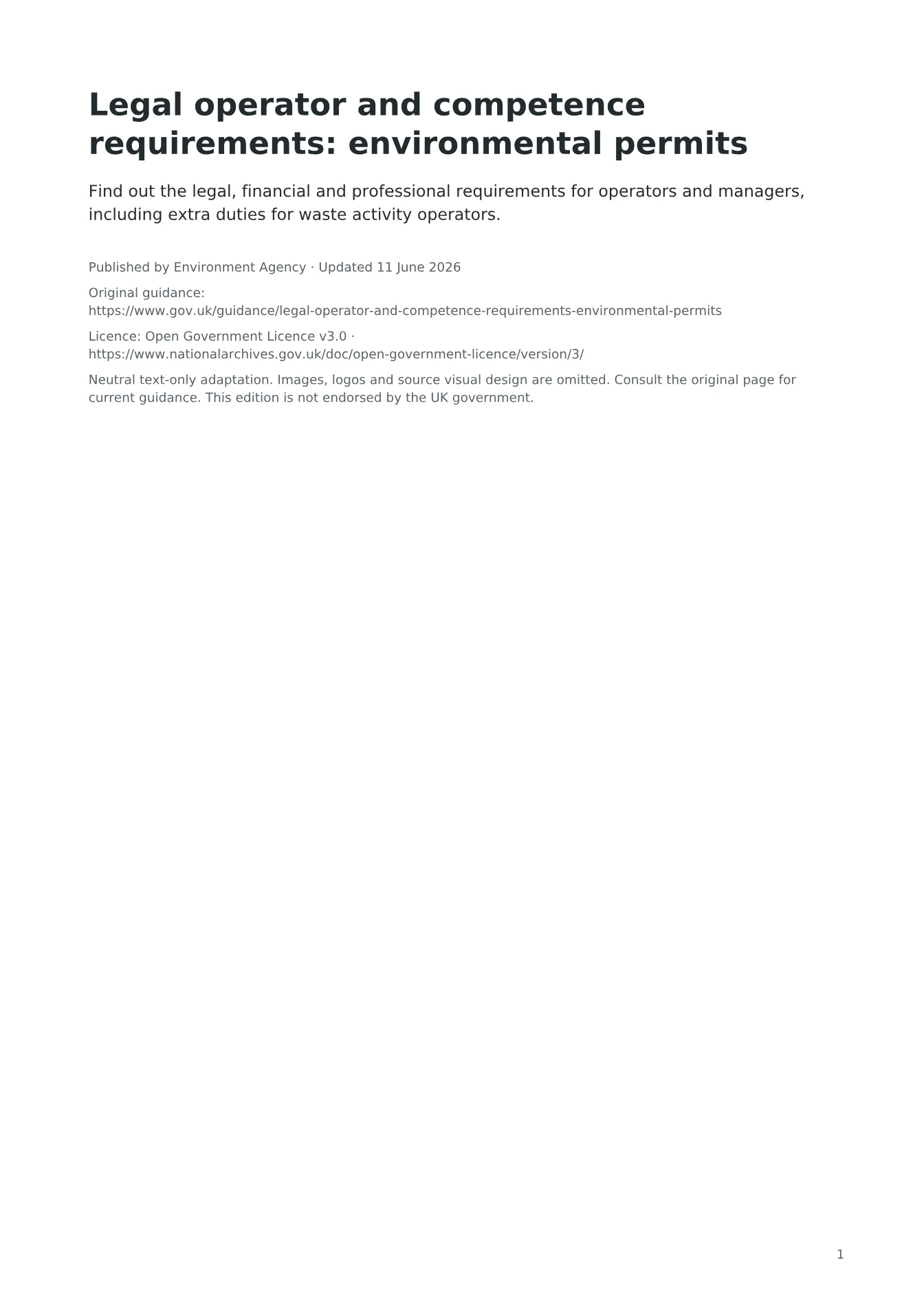 Cover of Legal operator and competence requirements: environmental permits