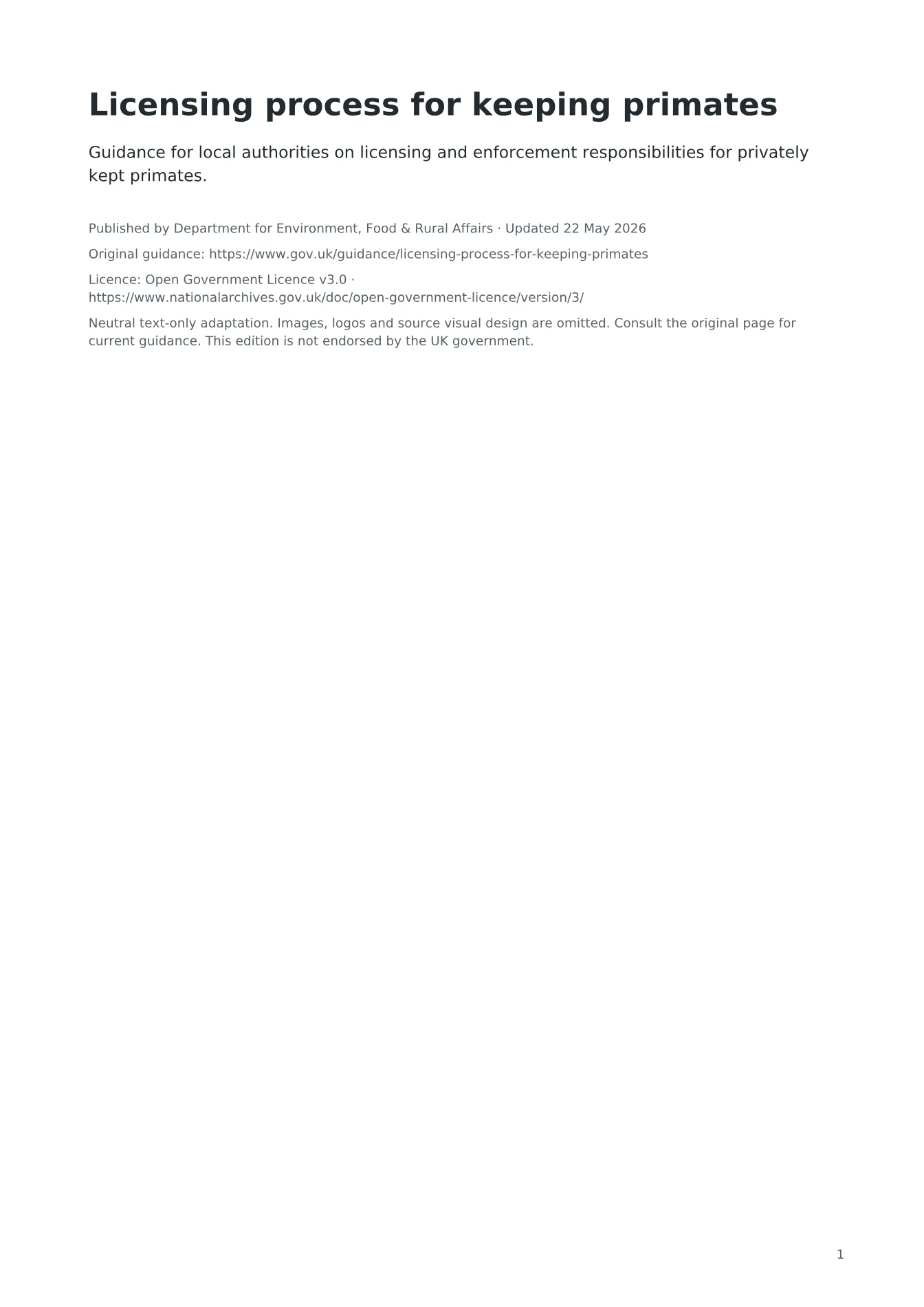 Cover of Licensing process for keeping primates