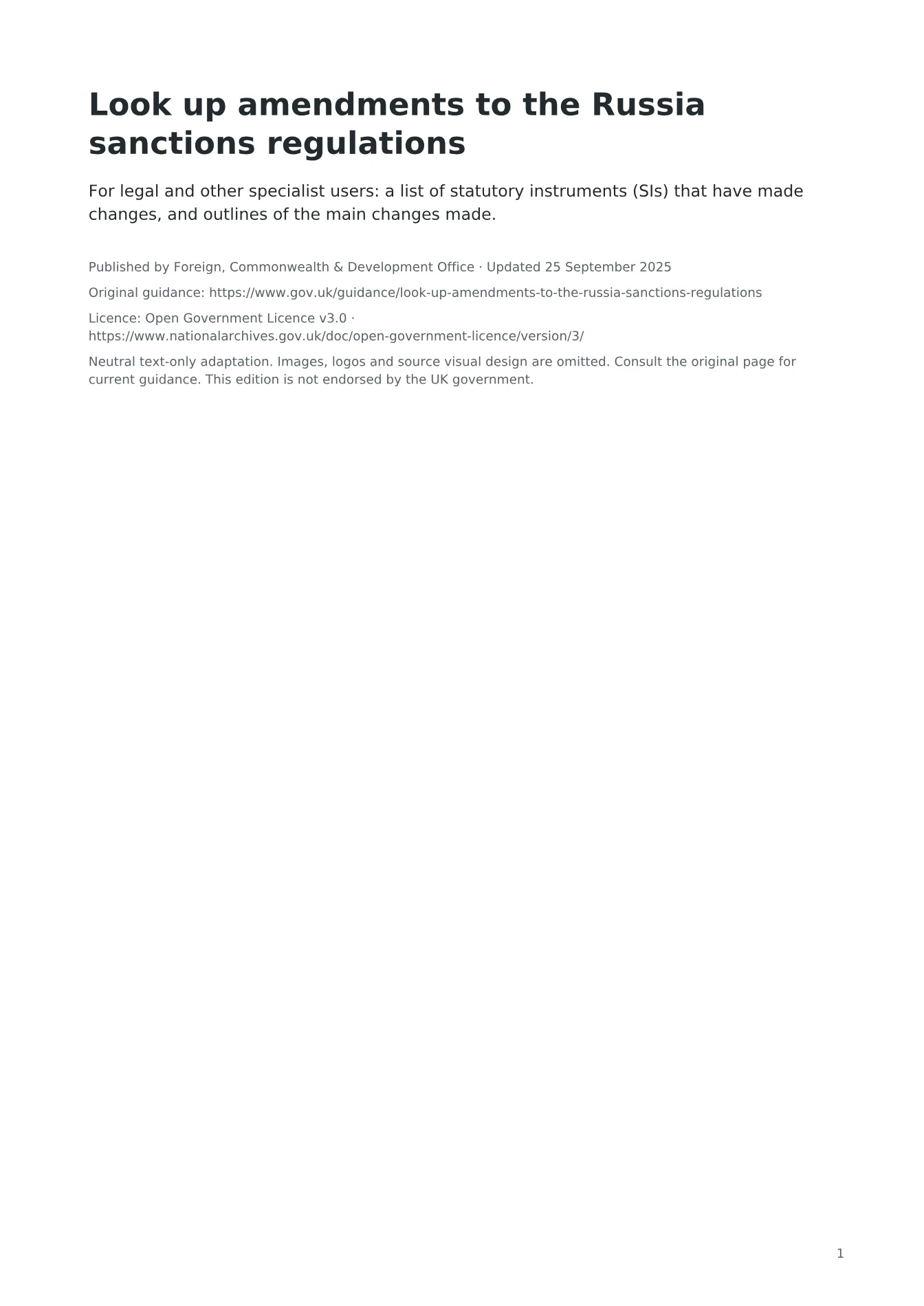 Cover of Look up amendments to the Russia sanctions regulations
