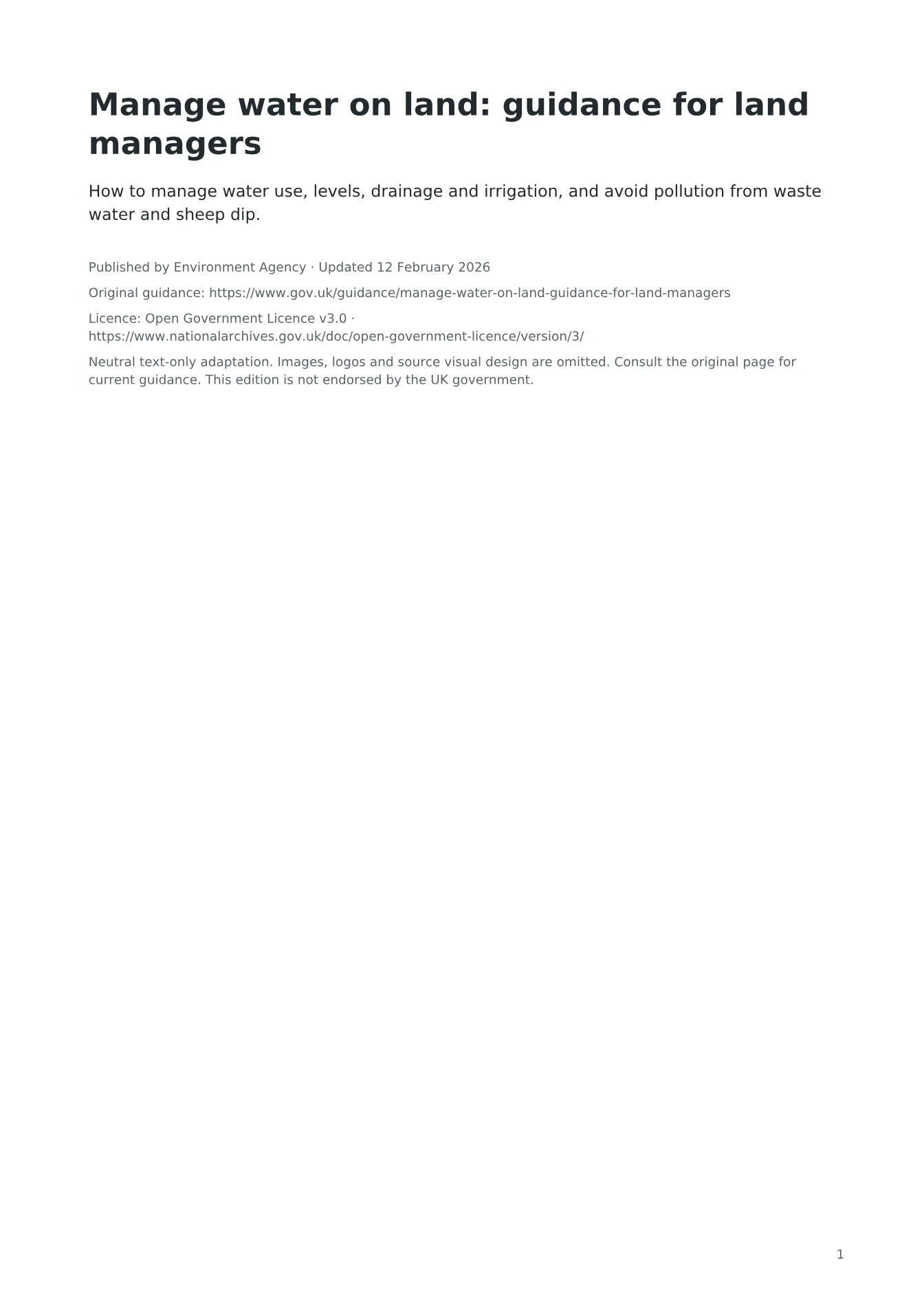 Cover of Manage water on land: guidance for land managers