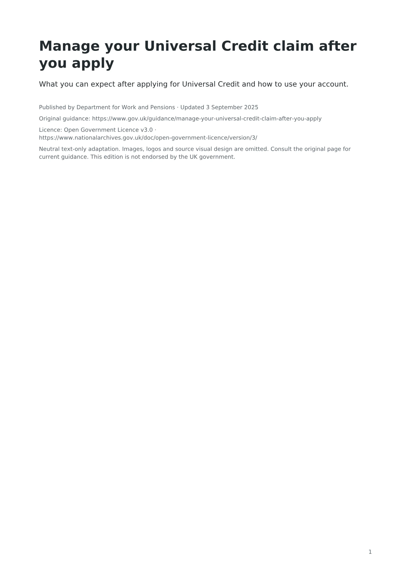 Cover of Manage your Universal Credit claim after you apply
