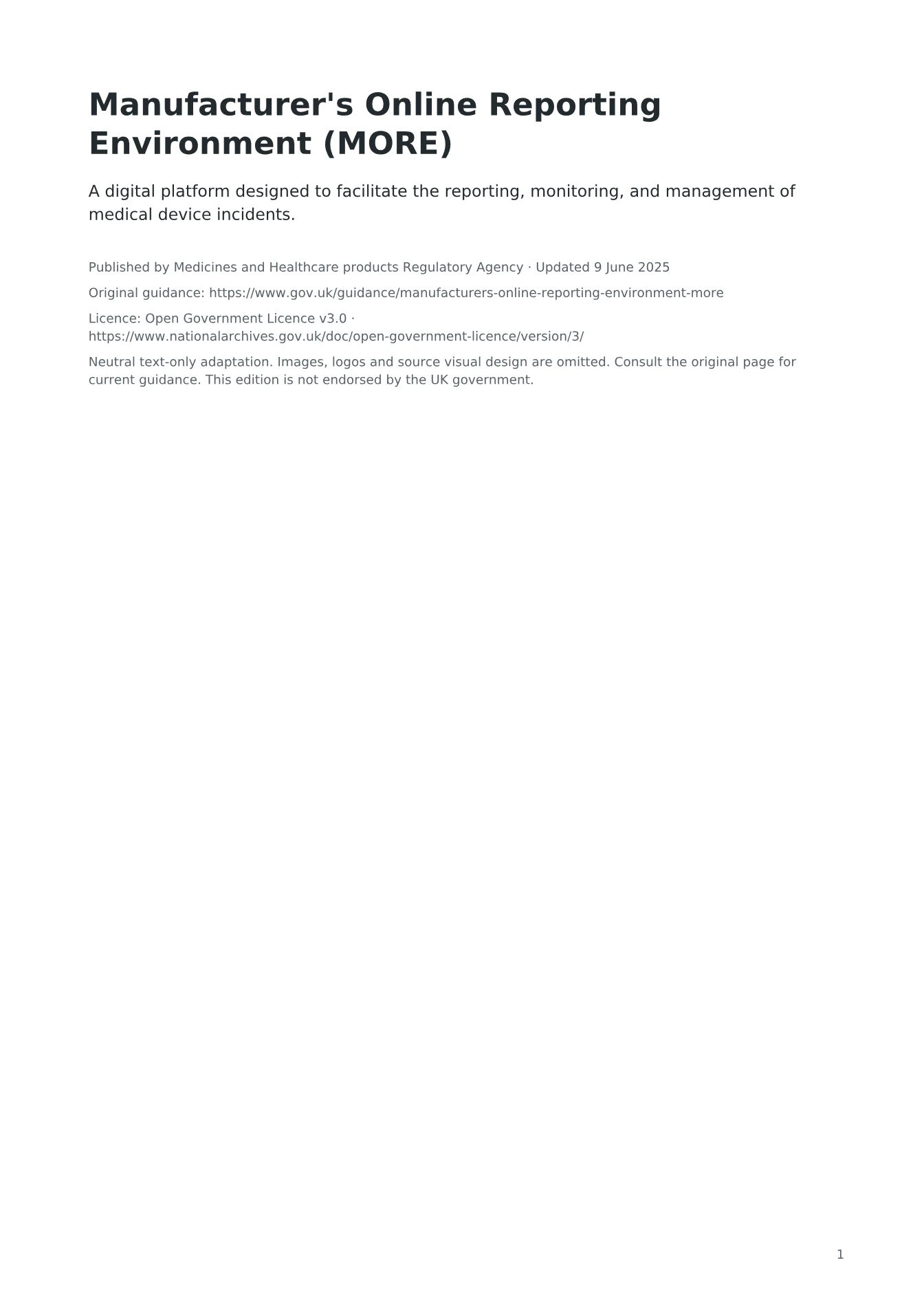 Cover of Manufacturer's Online Reporting Environment (MORE)