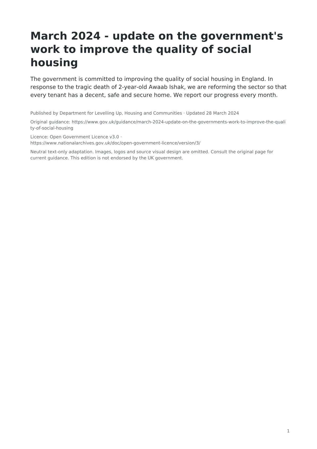 Cover of March 2024 - update on the government's work to improve the quality of social housing