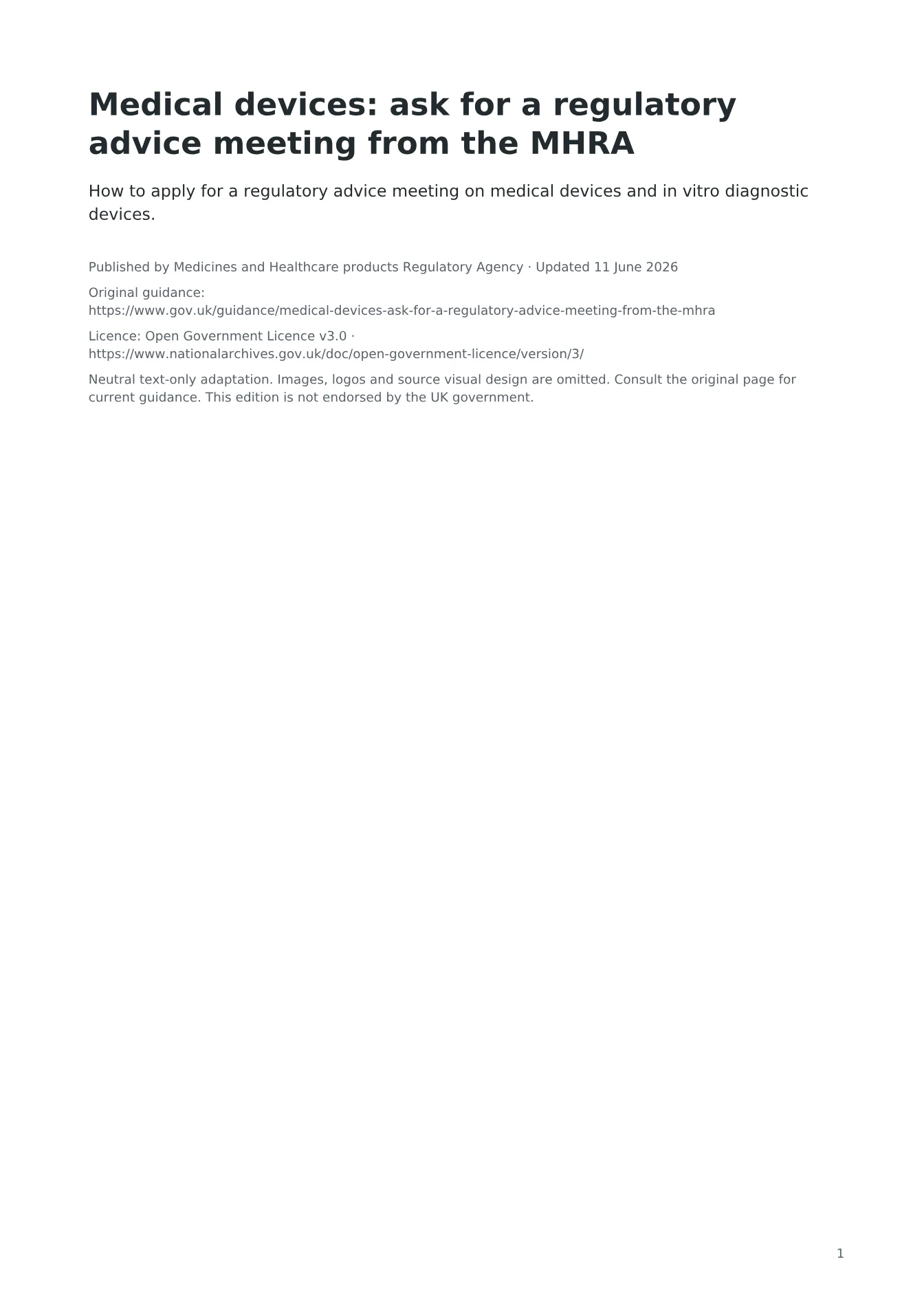 Cover of Medical devices: ask for a regulatory advice meeting from the MHRA