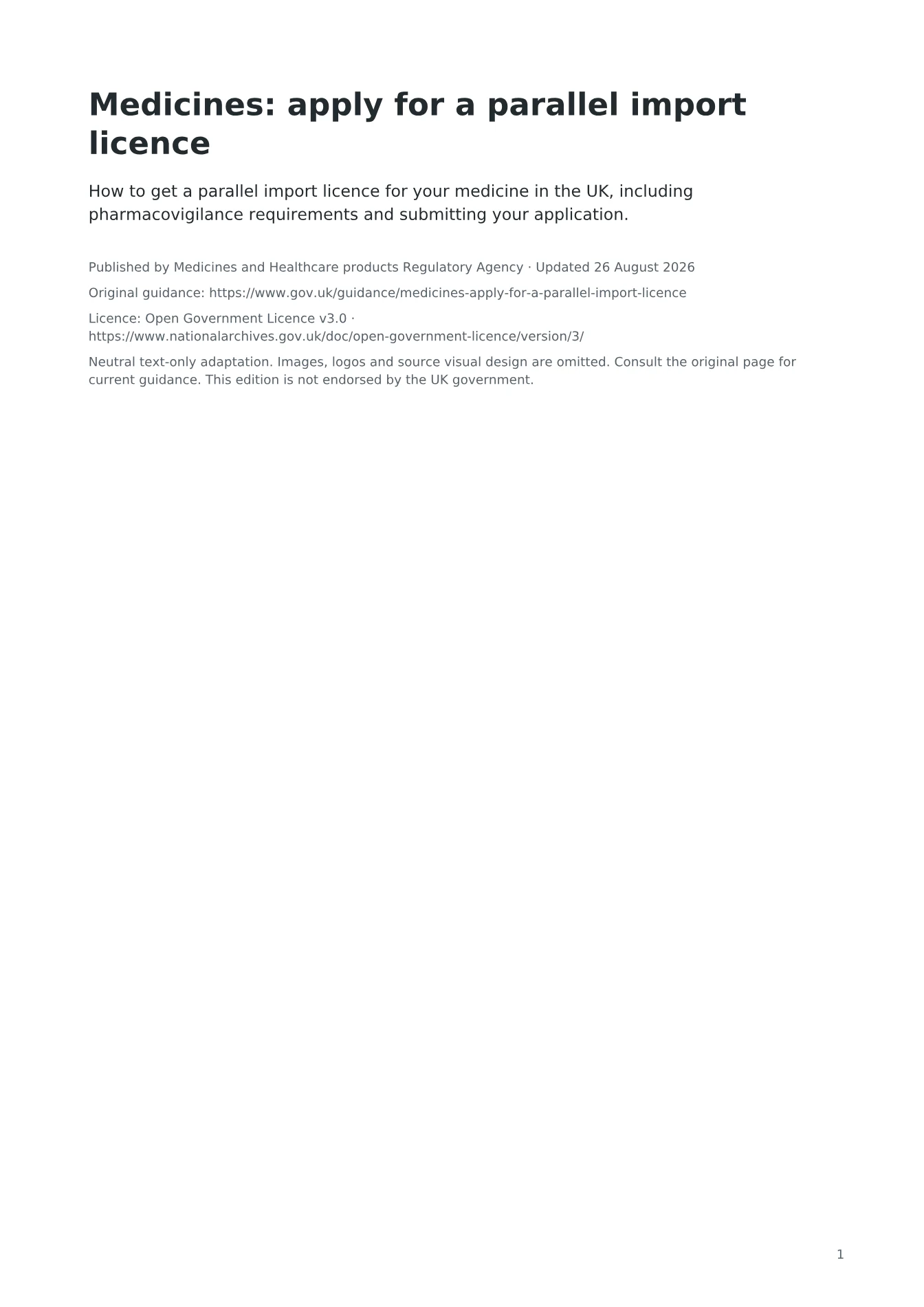 Cover of Medicines: apply for a parallel import licence