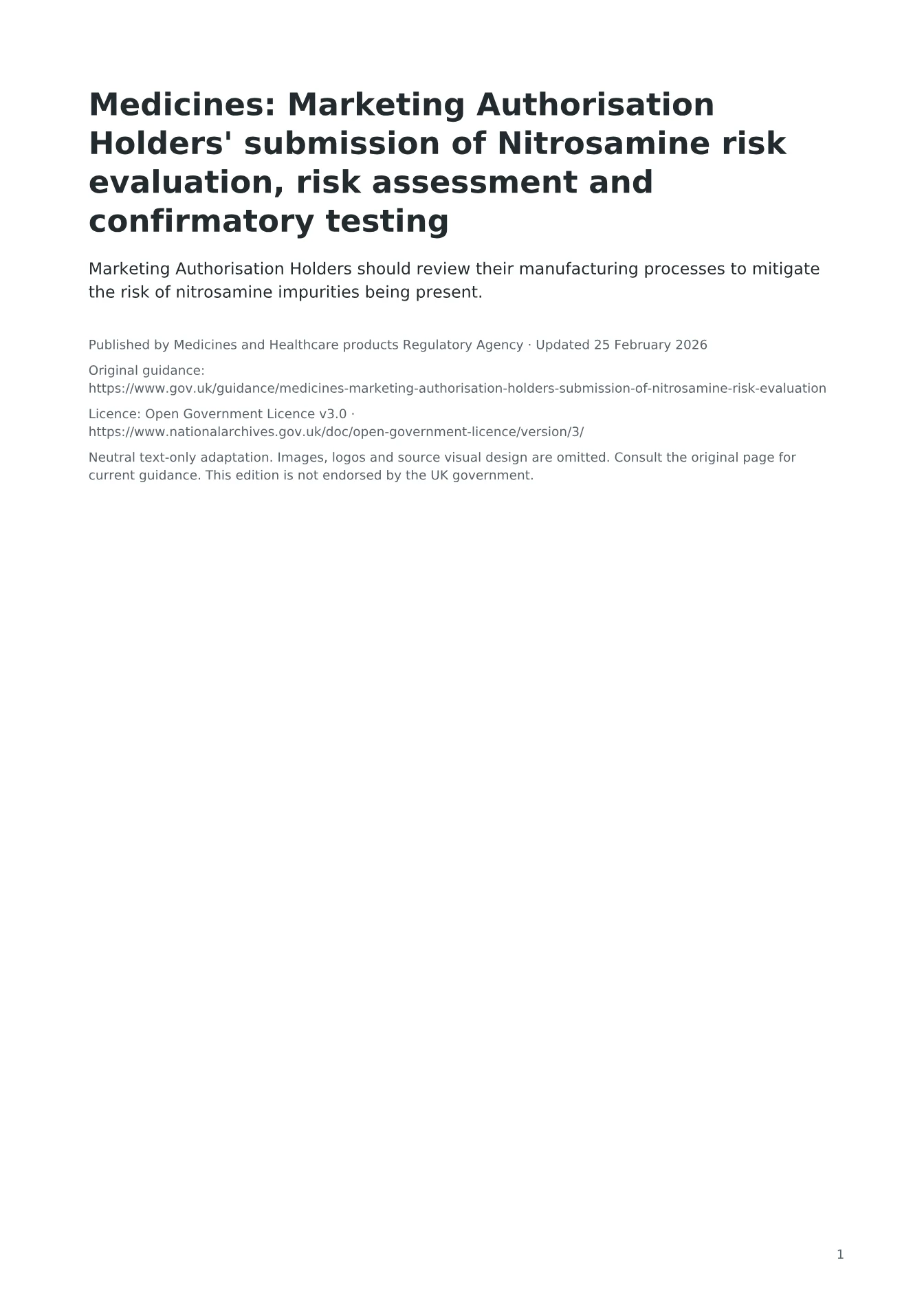 Cover of Medicines: Marketing Authorisation Holders' submission of Nitrosamine risk evaluation, risk assessment and confirmatory testing