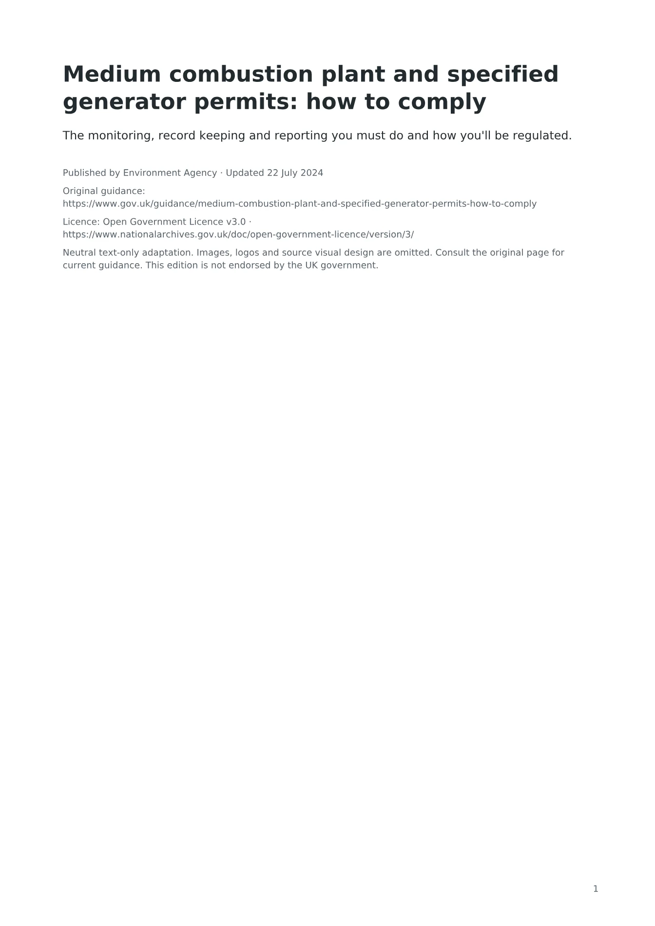 Cover of Medium combustion plant and specified generator permits: how to comply