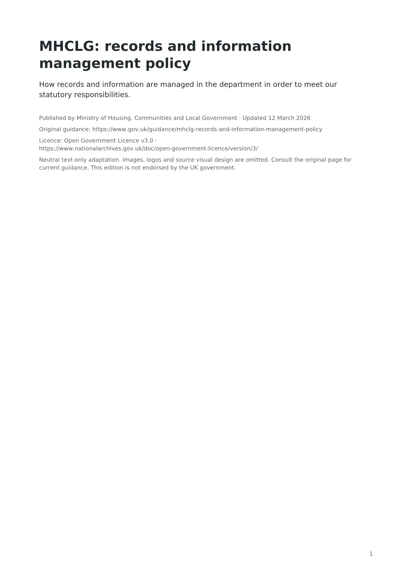 Cover of MHCLG: records and information management policy