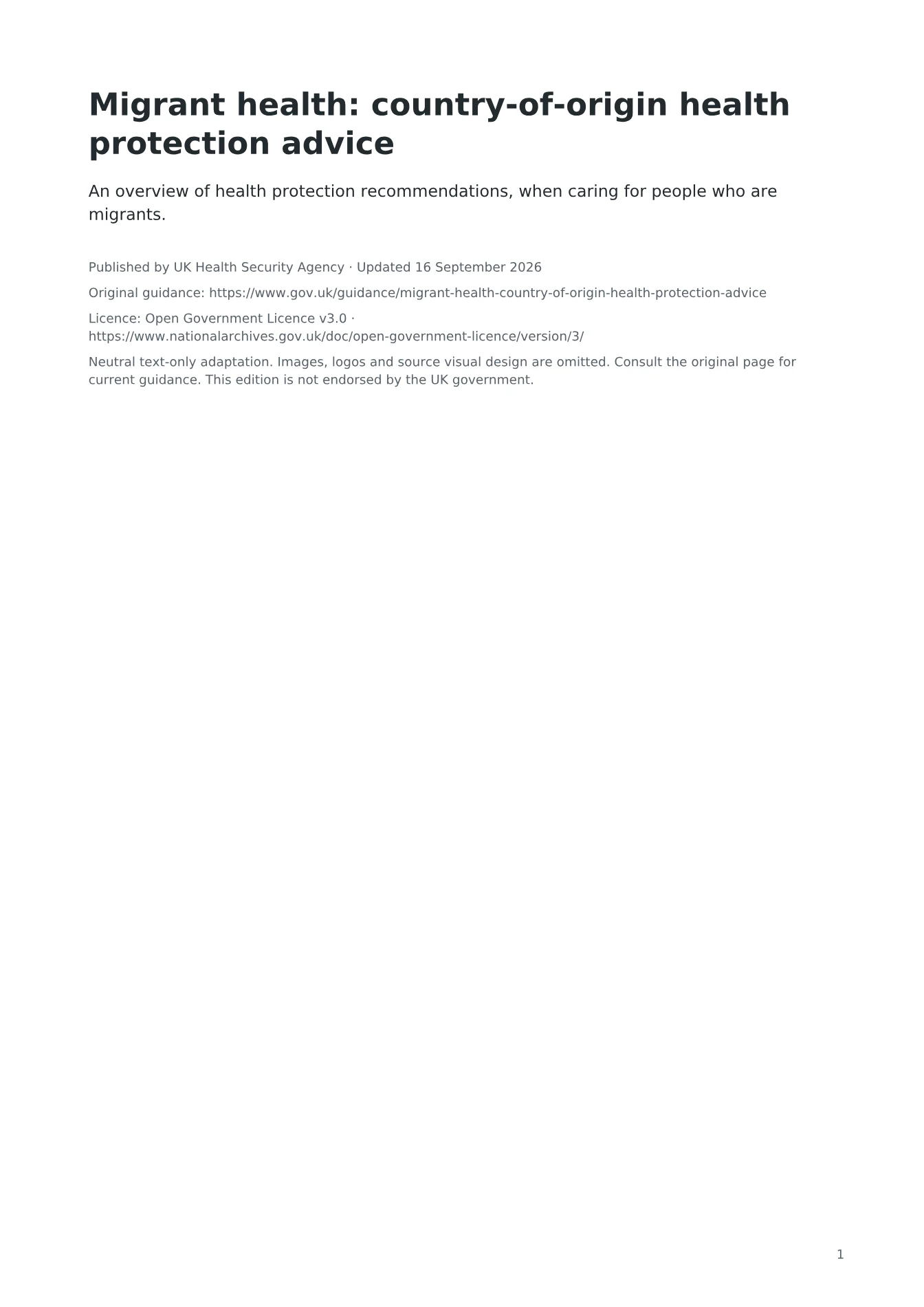 Cover of Migrant health: country-of-origin health protection advice