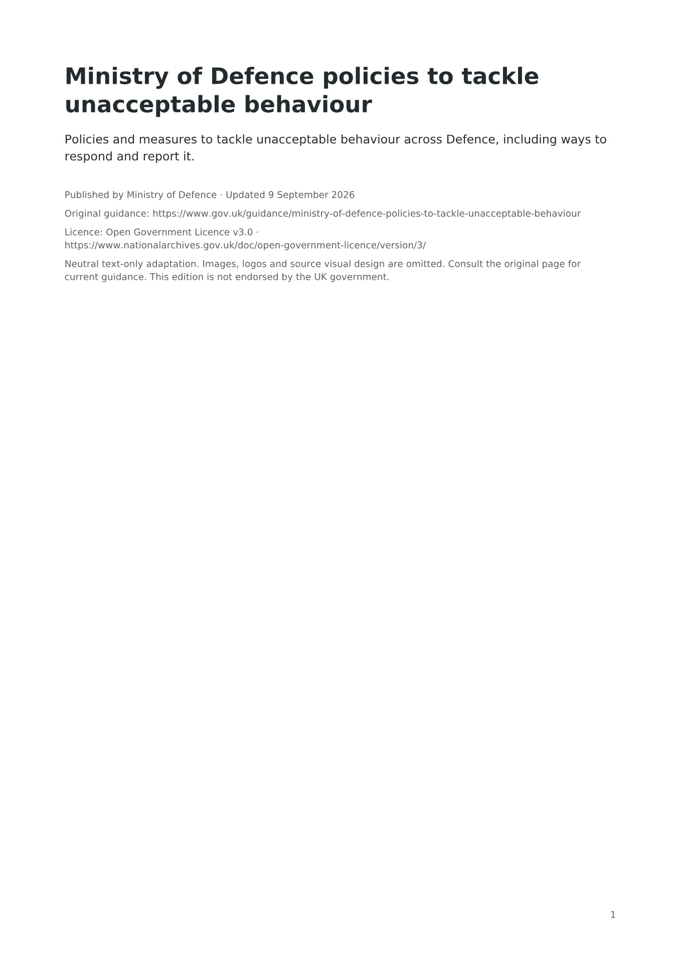Cover of Ministry of Defence policies to tackle unacceptable behaviour