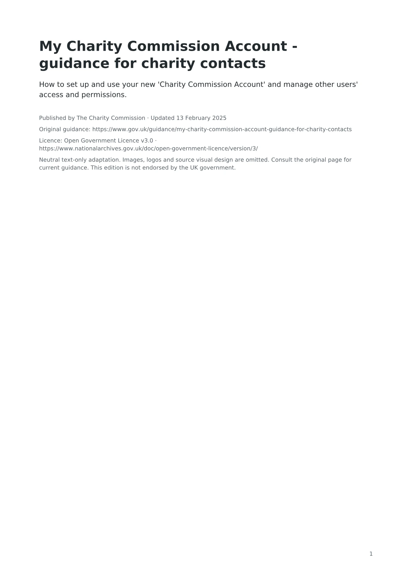 Cover of My Charity Commission Account - guidance for charity contacts