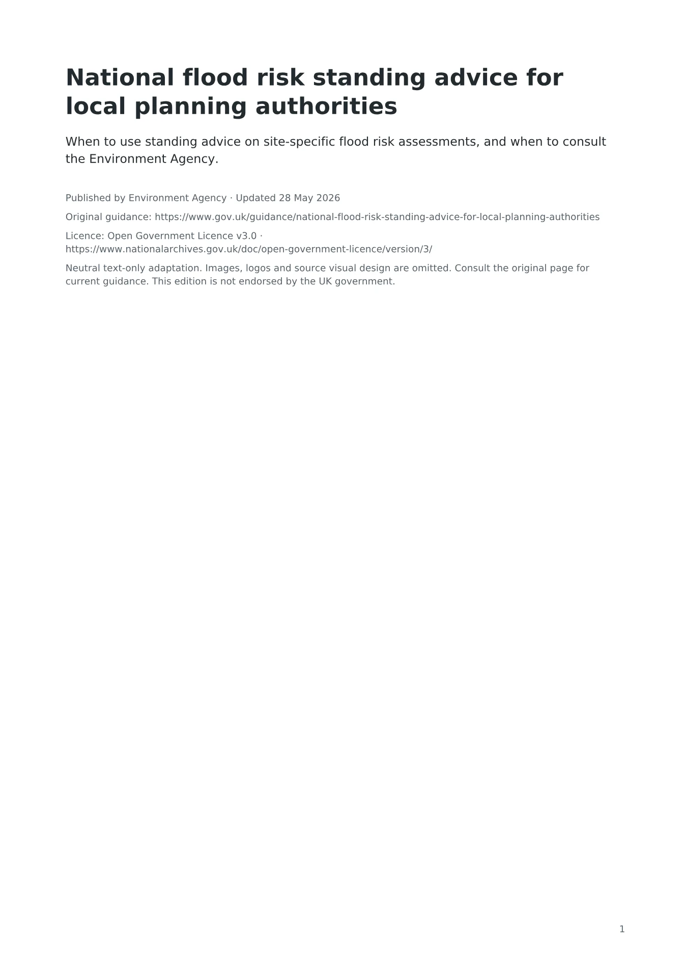 Cover of National flood risk standing advice for local planning authorities