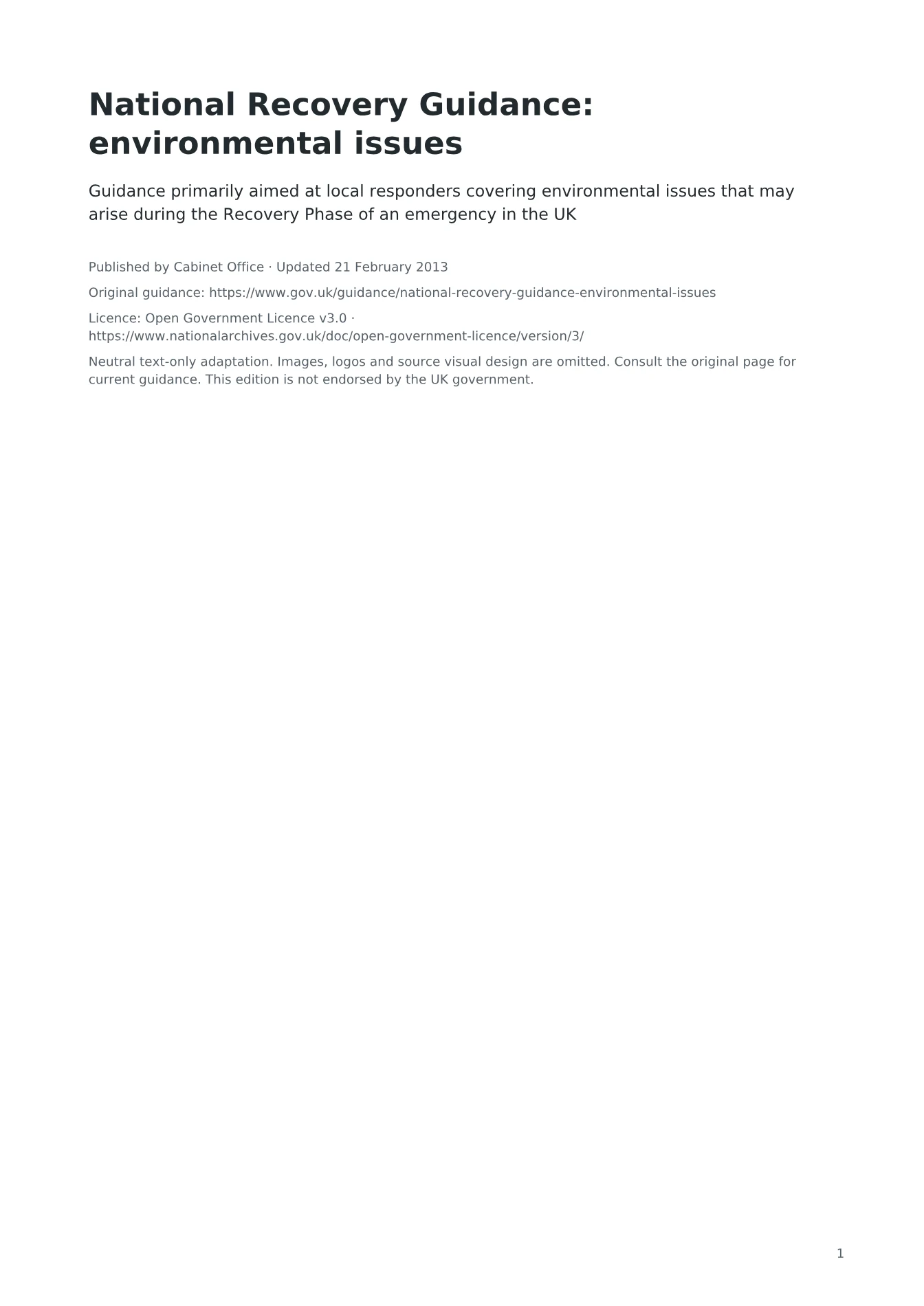 Cover of National Recovery Guidance: environmental issues