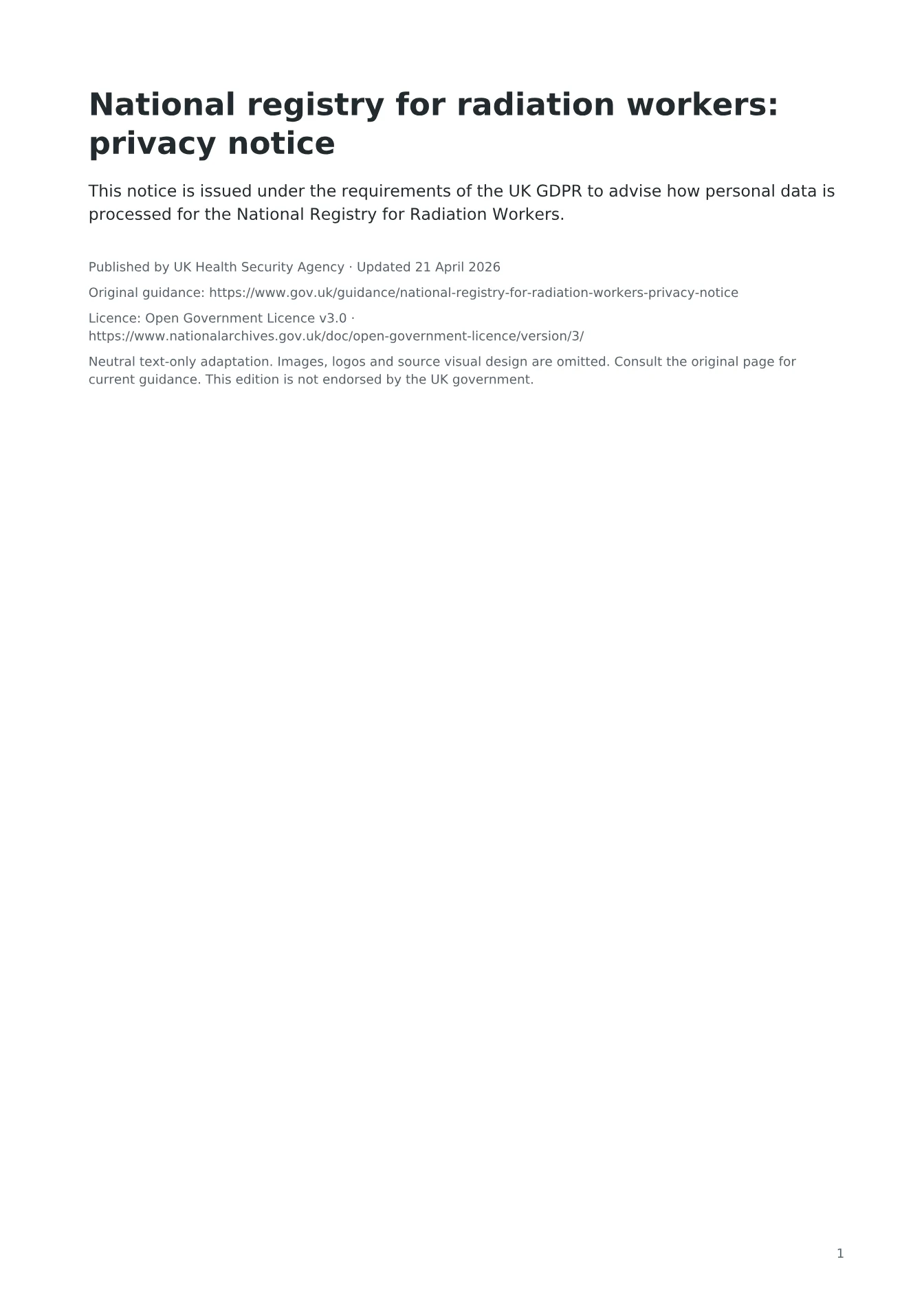 Cover of National registry for radiation workers: privacy notice