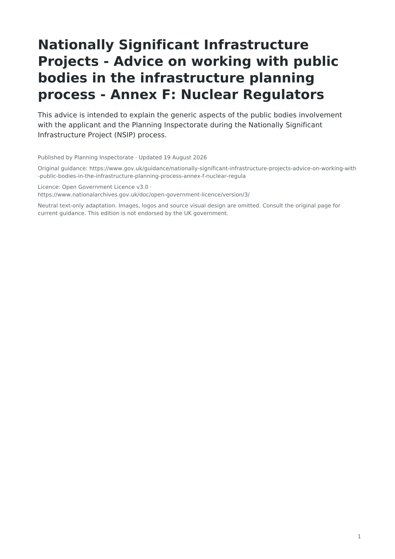 Cover of Nationally Significant Infrastructure Projects - Advice on working with public bodies in the infrastructure planning process - Annex F: Nuclear Regulators